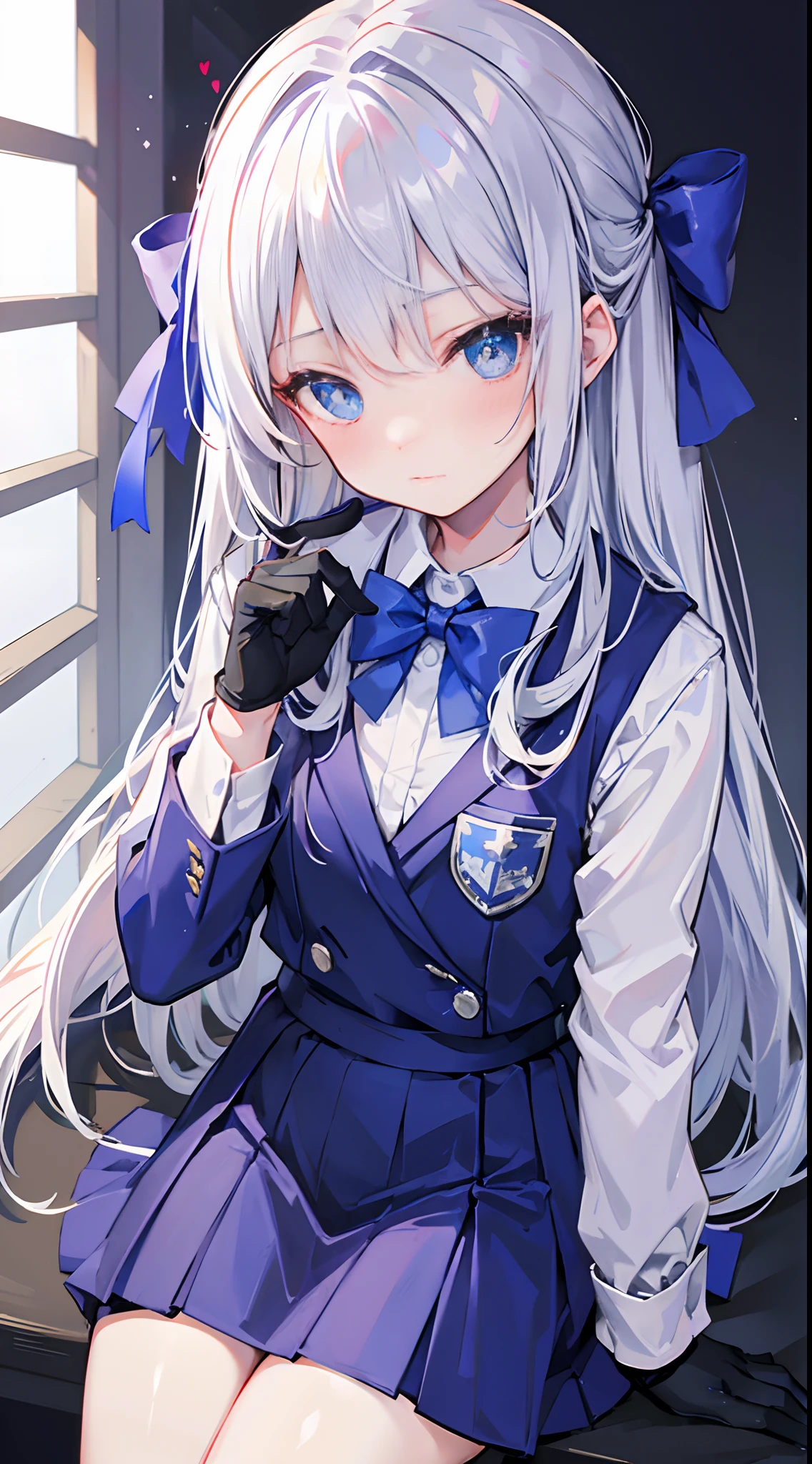Silver hair bow tie on hair blue eyes with heart shape pupils in school uniform blushing while sitting gloves arm length mask on face