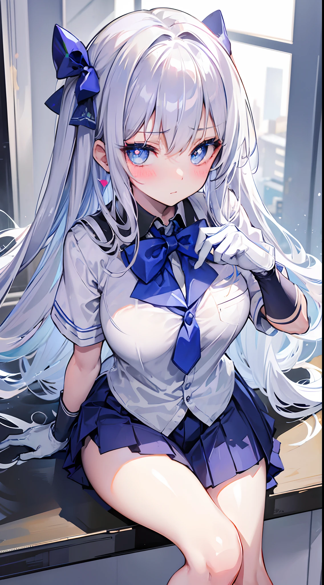 best quality, ultra precision, 1girl, cute, , young, boyish, childish, small breasts, silver hair, cat ears, blue eyes, beautiful eyes, girl, ecstasy, sailor collar, estrus, metestrus, start to undress, naughty mood, she loves you, sexy, lost virgin, virgin, blush, beautiful skin, big bow on chest I'm not wearing panties open legs