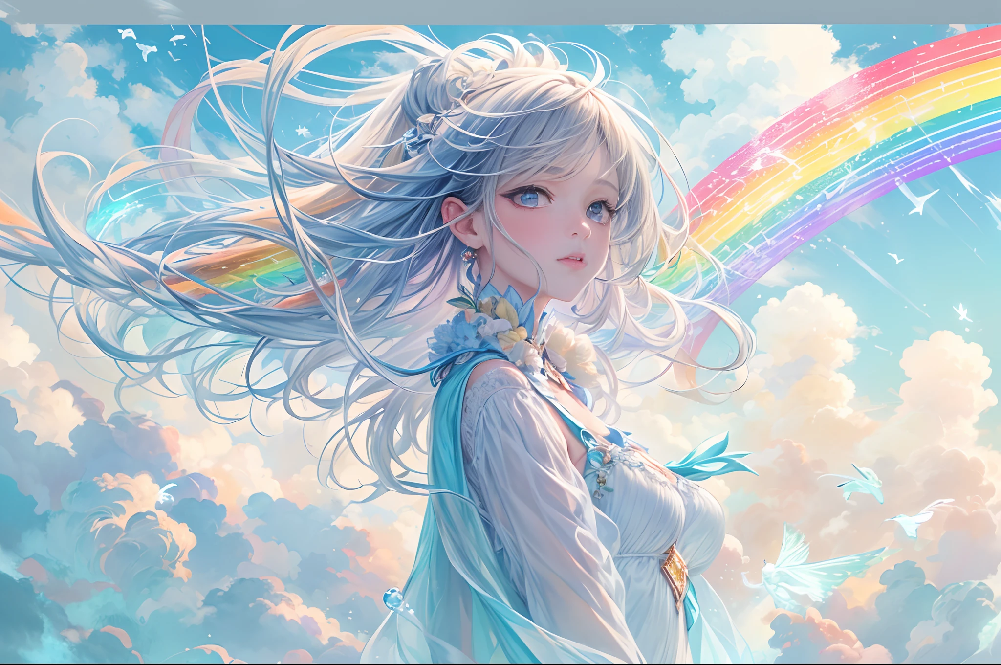 ((Need)), ((tmasterpiece)), (A detailed),rainbowing,Blue sky and white cloud background，Detail rainbow,Blue sky rainbow，ethereal rainbows，1 fairy，16k,UHD resolution，Simple composition，anatomy correct，Surreal dreams，Surrealist art fantasy style，Epic digital fantasy art style