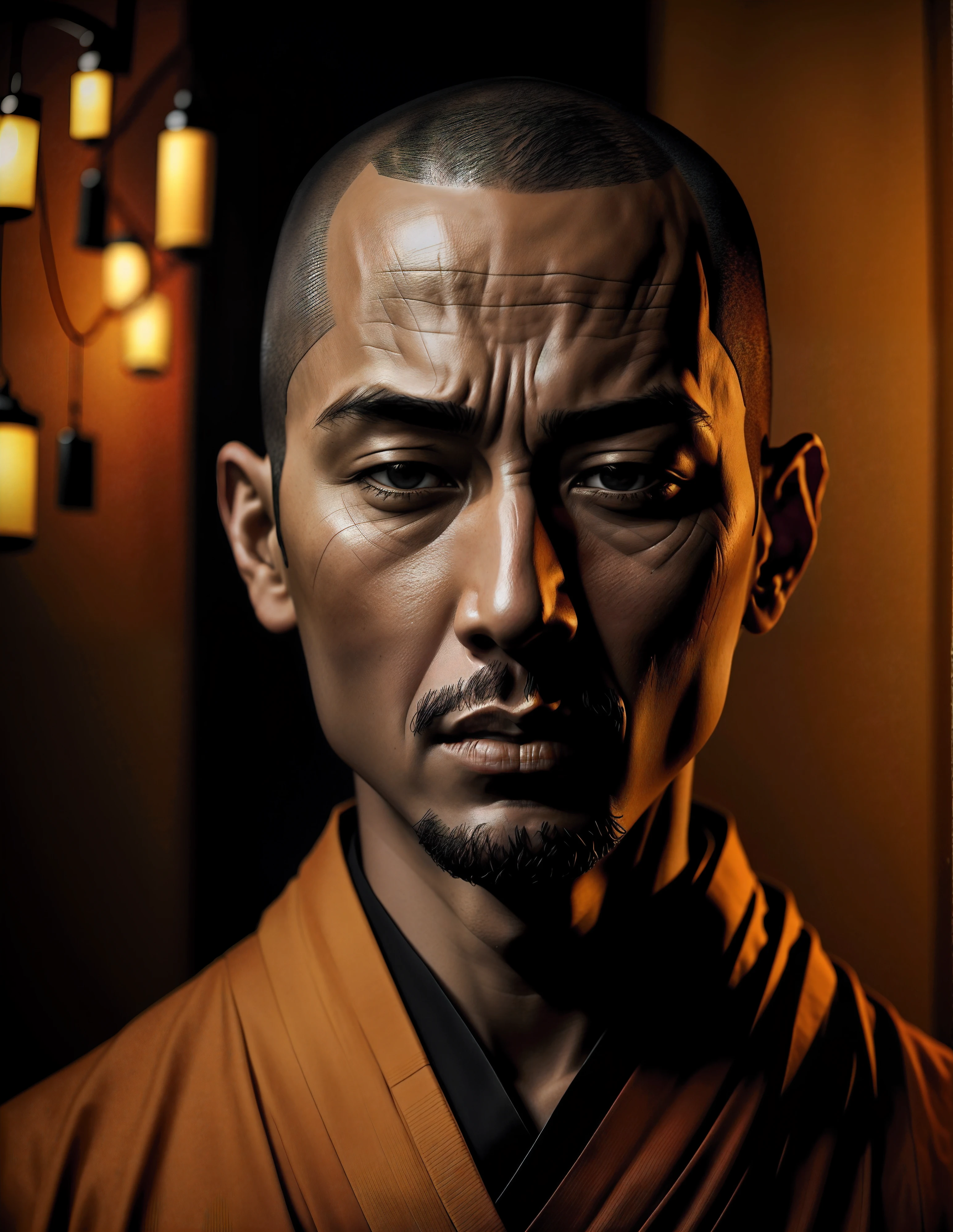 arafed man with a shaved head and a black shirt, portrait of monk, buddhist monk, portrait shot 8 k, 2 1 st century monk, monk, dramatic portraiture of uuen, portrait shot, front facing portrait of samurai, 50mm portrait, ancient japanese monk, samurai portrait photo, samurai portrait, dramatic portraiture of namenlos