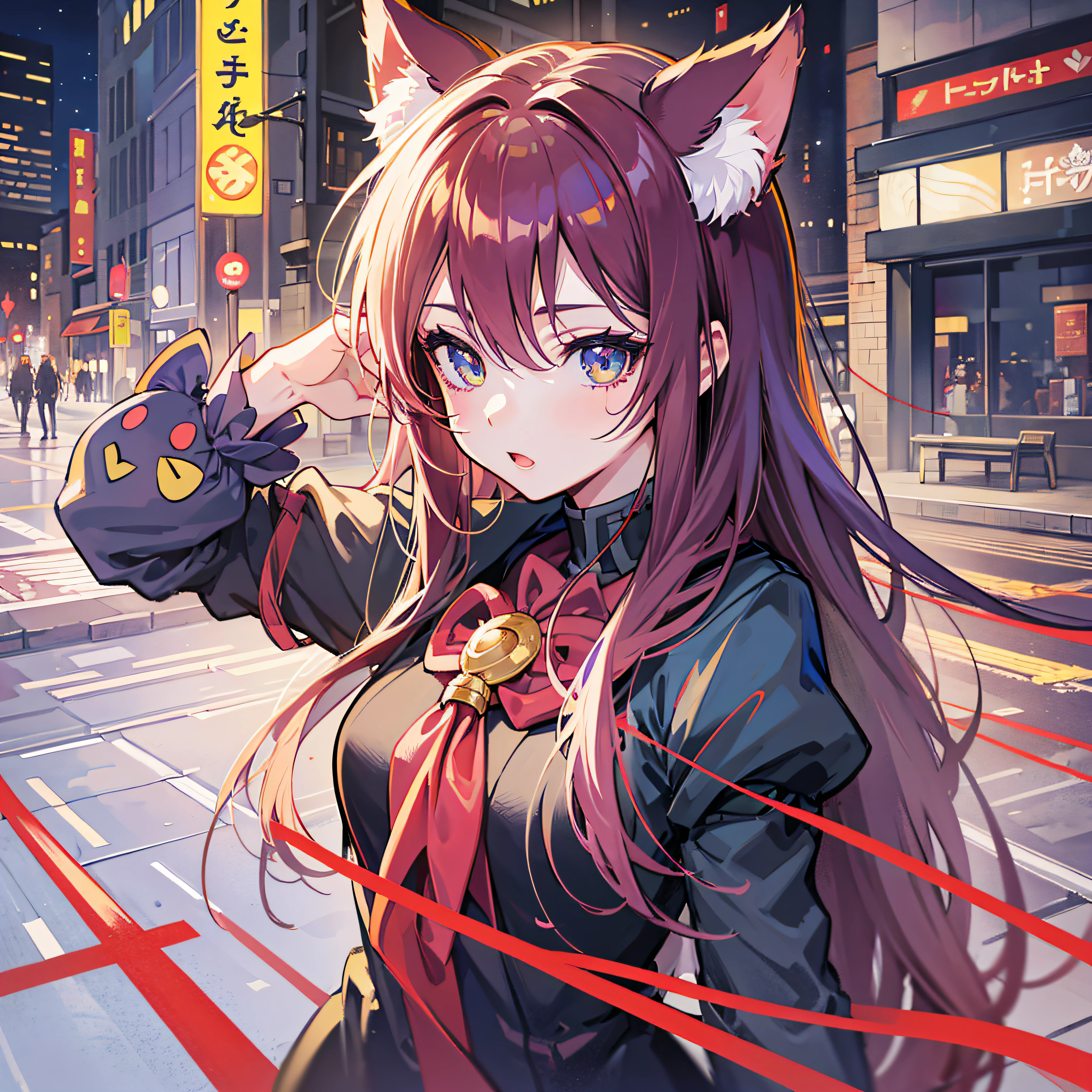 ((Best Quality, 8K)) Anime girl with long hair and cat ears standing in front of the city, Rin Tosaka, anime moe art style, anime style like Fate/stay night, anime girl with long hair, very cute anime girl face, nightcore, from the front line of girls, cute anime girl portrait, anime girl with cat ears, High quality anime art style, "beautiful anime woman", red little ribbon on head