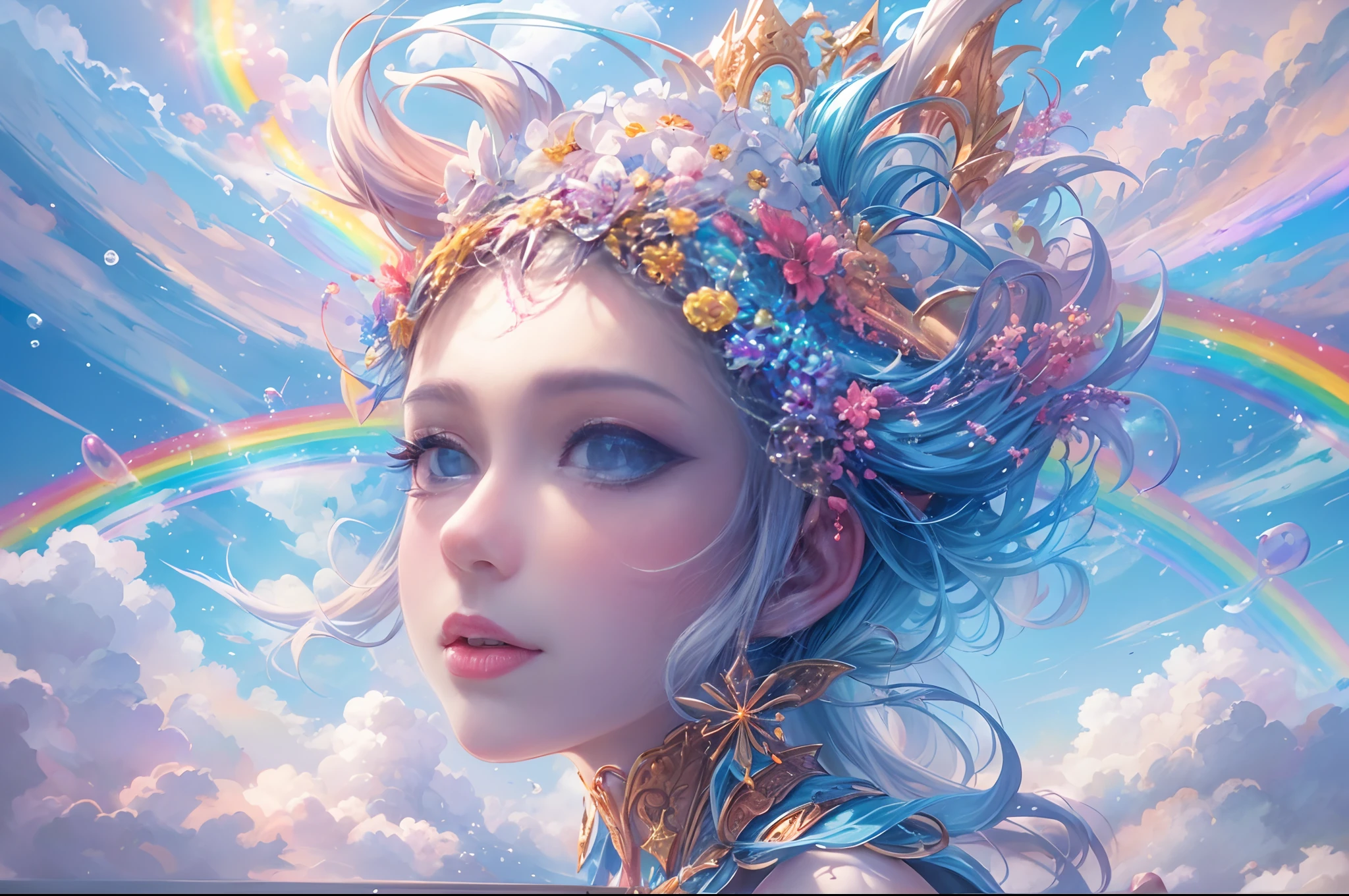 ((Need)), ((tmasterpiece)), (A detailed),rainbowing,Blue sky and white cloud background,Detail rainbow,Blue sky rainbow,ethereal rainbows,1 fairy,16k,UHD resolution,Simple composition,anatomy correct,Surreal dreams,Surrealist art fantasy style,Epic digital fantasy art style