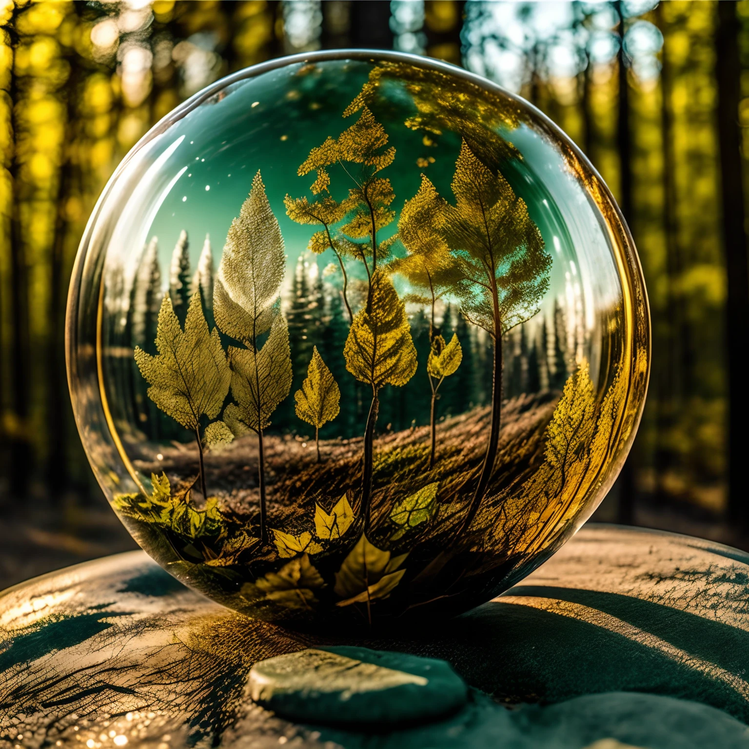 RPG Model ,Bubble | Concept Glass, Beautiful Unusual Ship Made Of Clene Leaves , Standing on the sea against the backdrop of beautiful shores of autumn forest , Trees on the banks are visible , Front light.