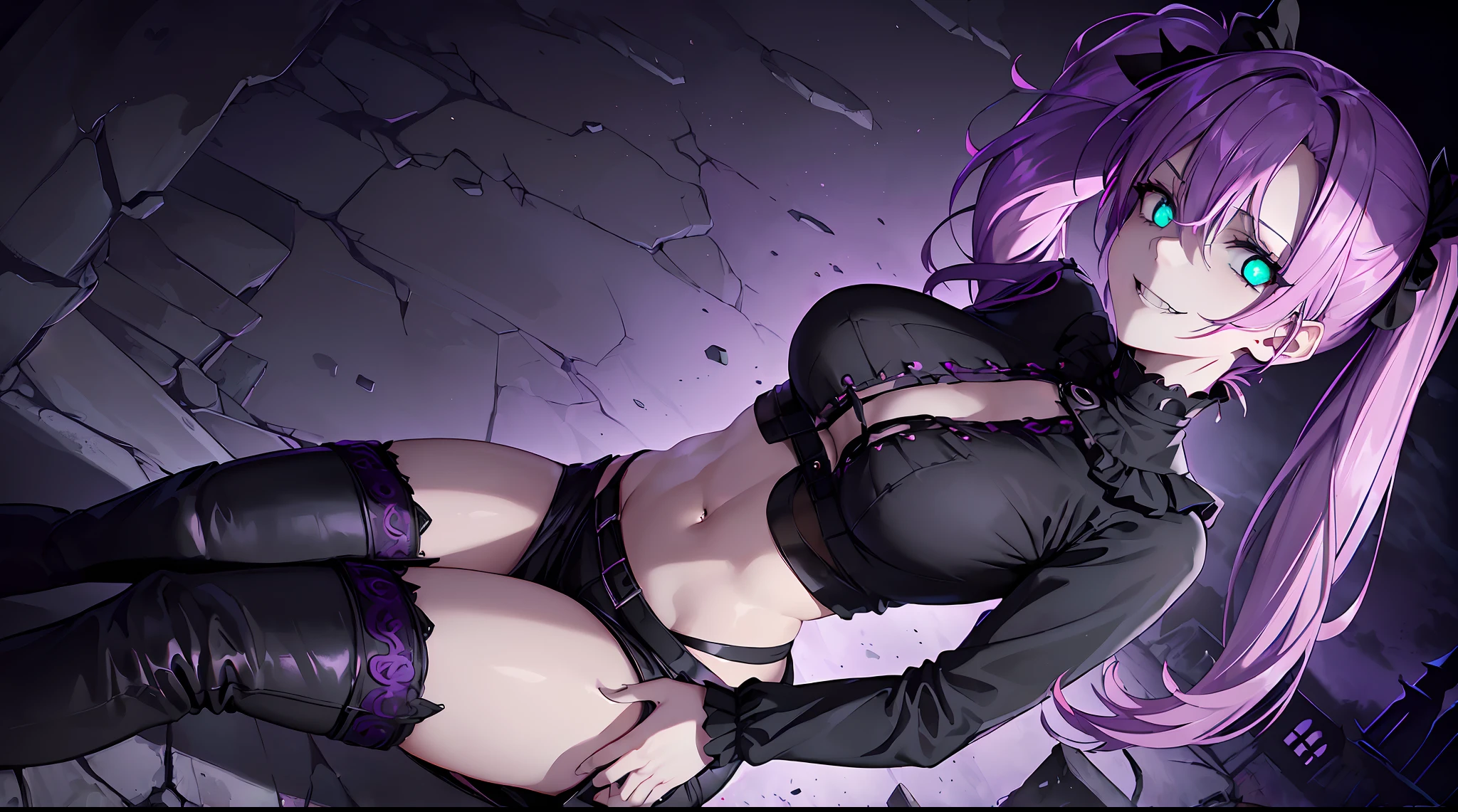 masterpiece, 1girl ((20year old, Witches Outfit, Black crop top shirt exposes navel, purple miniskirt, knee-high boots, thigh high socks, medium breasts, multicolor pink hair, twin ponytails, green eyes, flirting, happy, big smile, looking up, witches hat, standing in a graveyard at night, scary and abandoned old Victorian styles homes, dark and spooky night atmosphere)), ((nighttime)) ((high camera angle, top view))