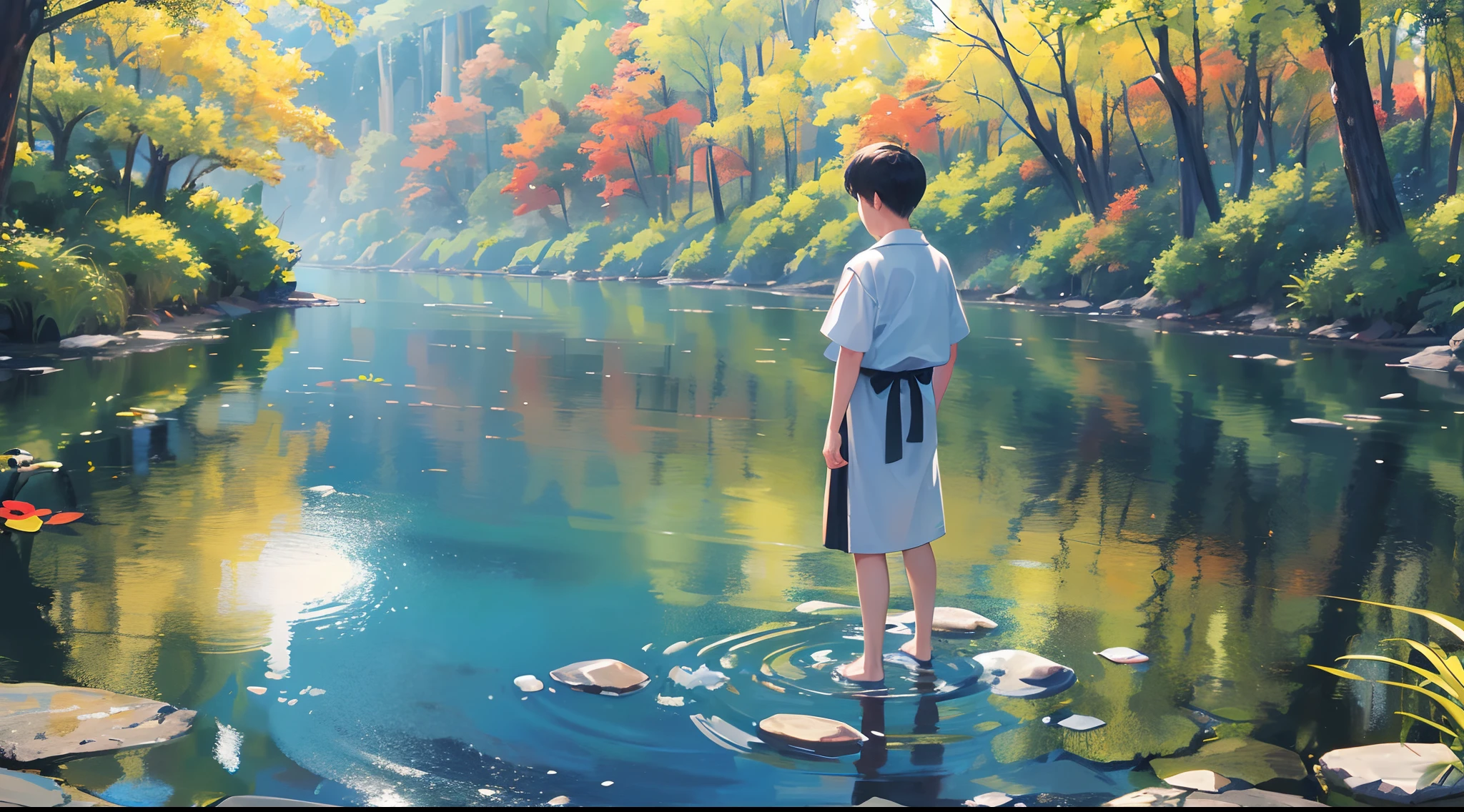 A young boy standing by the tranquil river, looking at his reflection. The Zen master can be standing beside him, symbolizing guidance and wisdom. Use soft, calming colors to convey the theme of stillness and inner peace. tmasterpiece，Best quality at best，4K，8K，high qulity，A high resolution