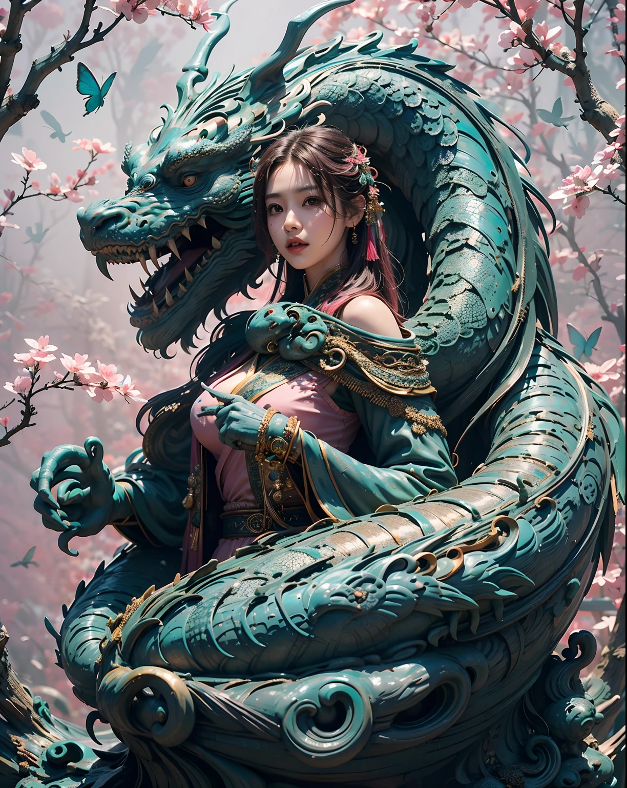 (CGI image, Chinese dragon and woman:1.3), (photo of a majestic Chinese dragon coiled around a Chinese woman:1.2), (the dragon's vibrant scales shimmering with iridescence:1.1), (intricate details of the dragon's scales, claws, and horns:1.1), (the dragon's eyes emanating an aura of ancient wisdom:1.1), (the woman adorned in traditional Chinese attire, a symbol of cultural heritage:1.1), (her attire featuring vibrant colors and elegant embroidery:1.1), (subtle wisps of incense smoke surrounding the scene, adding mystique:1.1), (the dragon's long, sinuous body gracefully entwining with the woman's pose:1.1), (the woman's serene expression depicting harmony and respect towards the dragon:1.1), (the scene set against a backdrop of a traditional Chinese landscape:1.1), (lush mountains and flowing rivers symbolizing the essence of nature:1.1), (a soft glow of sunlight filtering through the foliage, illuminating the duo:1.1), (the CGI rendering displaying lifelike textures and lighting:1.1), (the dragon's presence exuding power and protection:1.1), (a sense of unity and reverence between the mythical creature and the woman:1.1), (a celebration of Chinese mythology and cultural heritage:1.1), Cinematic, Hyper-detailed, insane details, Beautifully color graded, Unreal Engine, DOF, Super-Resolution, Megapixel, Cinematic Lightning, Anti-Aliasing, FKAA, TXAA, RTX, SSAO, Post Processing, Post Production, Tone Mapping, CGI, VFX, SFX, Insanely detailed and intricate, Hyper maximalist, Hyper realistic, Volumetric, Photorealistic, ultra photoreal, ultra-detailed, intricate details, 8K, Super detailed, Full color, Volumetric lightning, HDR, Realistic, Unreal Engine, 16K, Sharp focus, Octane render