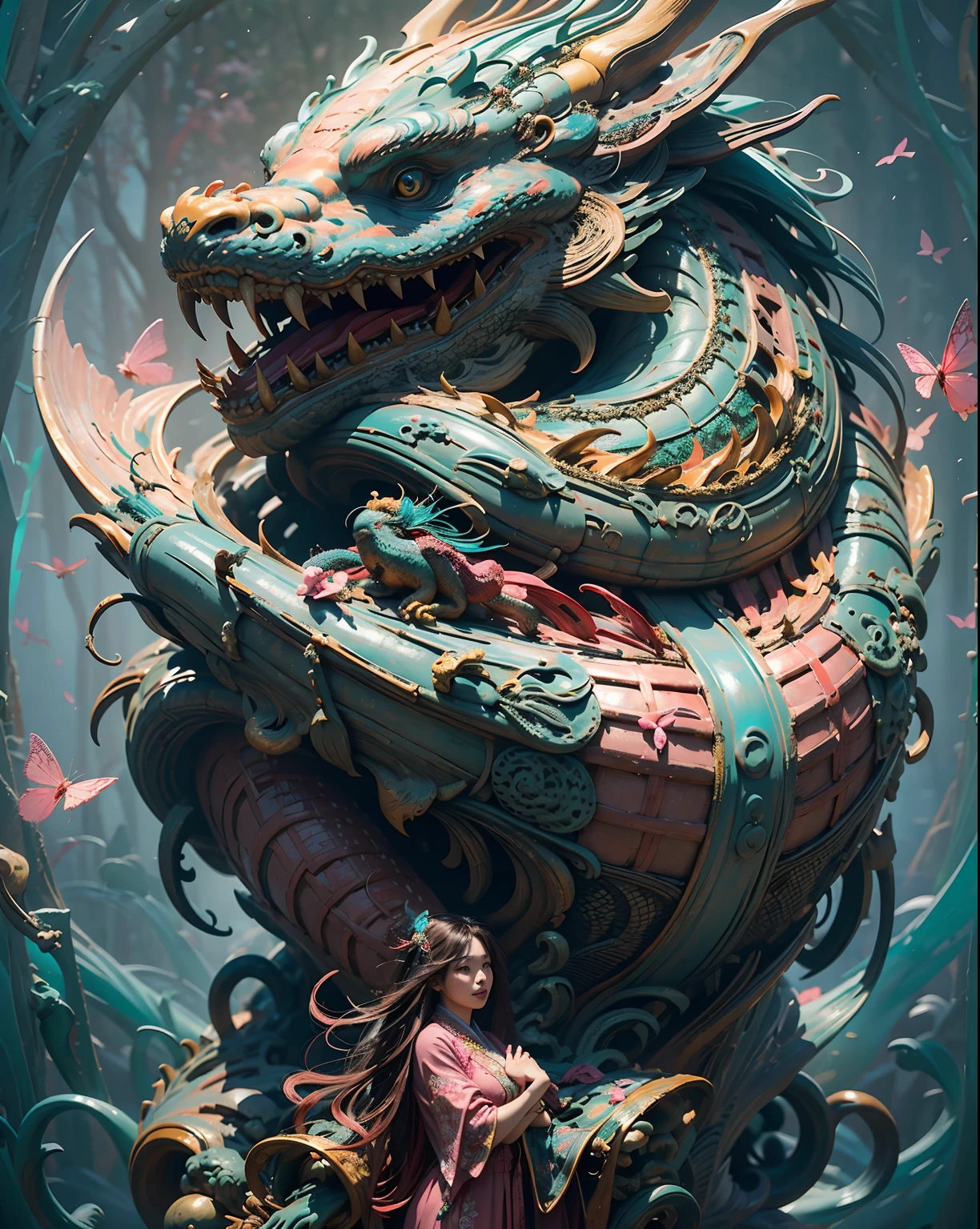 Realistic photo of (1 cute Korean actress) wrap with mummy, long straight hair, thin makeup, medium breasts, long dress, wide angle, Canon EOS clear facial features 8K high resolution, sharp detail, realistically, chinese ancient dragon background, butterflies surrounded, (pink cyan theme)