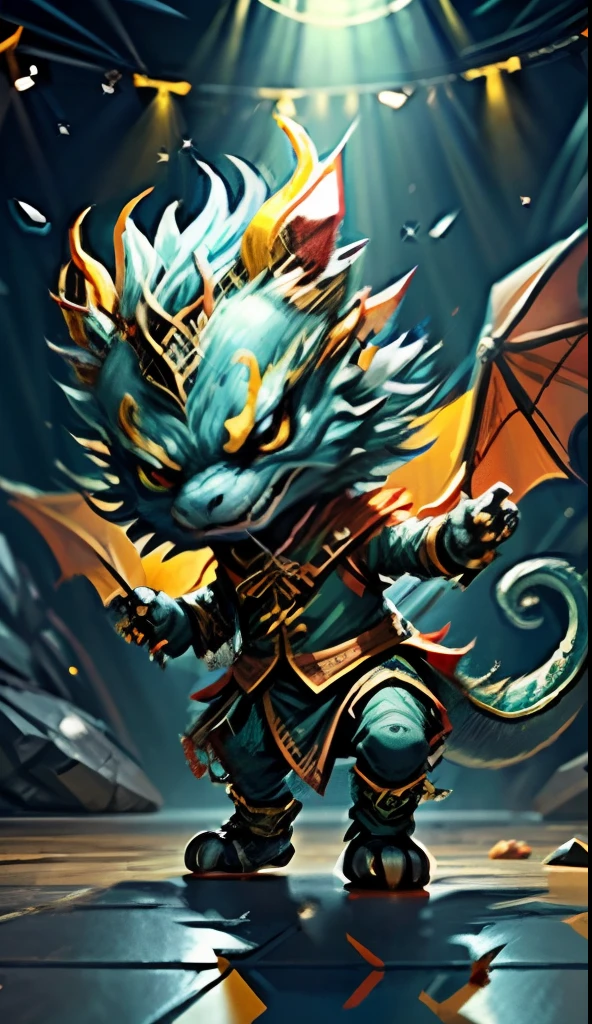 Baby dragon dance rock on dance floor background, Underground Dance Club,tmasterpiece, hightquality, best qualtiy,Rock Ballroom,Stylish Baby Dragon DJ,Baby Tatsu wearing puncture headphones,Dragon in Rock Costume,K HD,8K