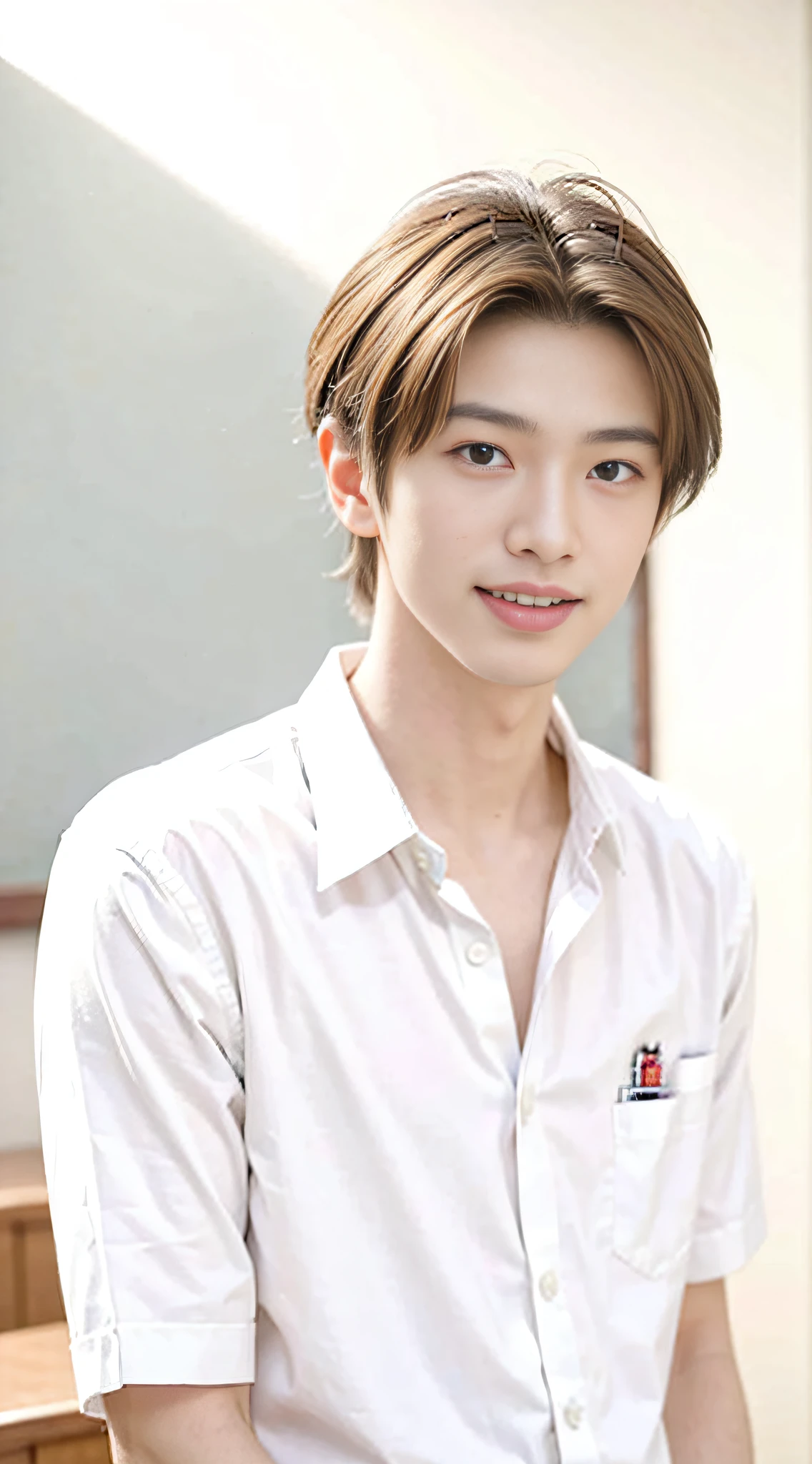 tmasterpiece，best qualtiy，hight resolution，超A high resolution，1 male、Johnny's，realisticlying，Young men，韓国アイドル、Handsome face，natural soft light，looking at viewert，student clothes、‎Classroom、Laughing、tusk