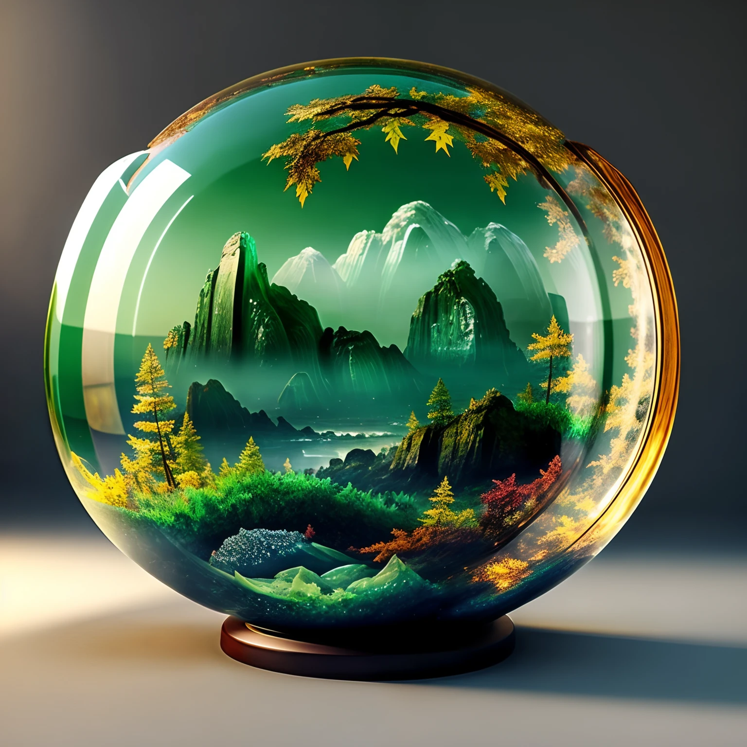 RPG Model ,Bubble | Concept Glass, Beautiful Unusual Ship Made of Jade  , Standing on the sea against the backdrop of beautiful shores of autumn forest  , Front light.