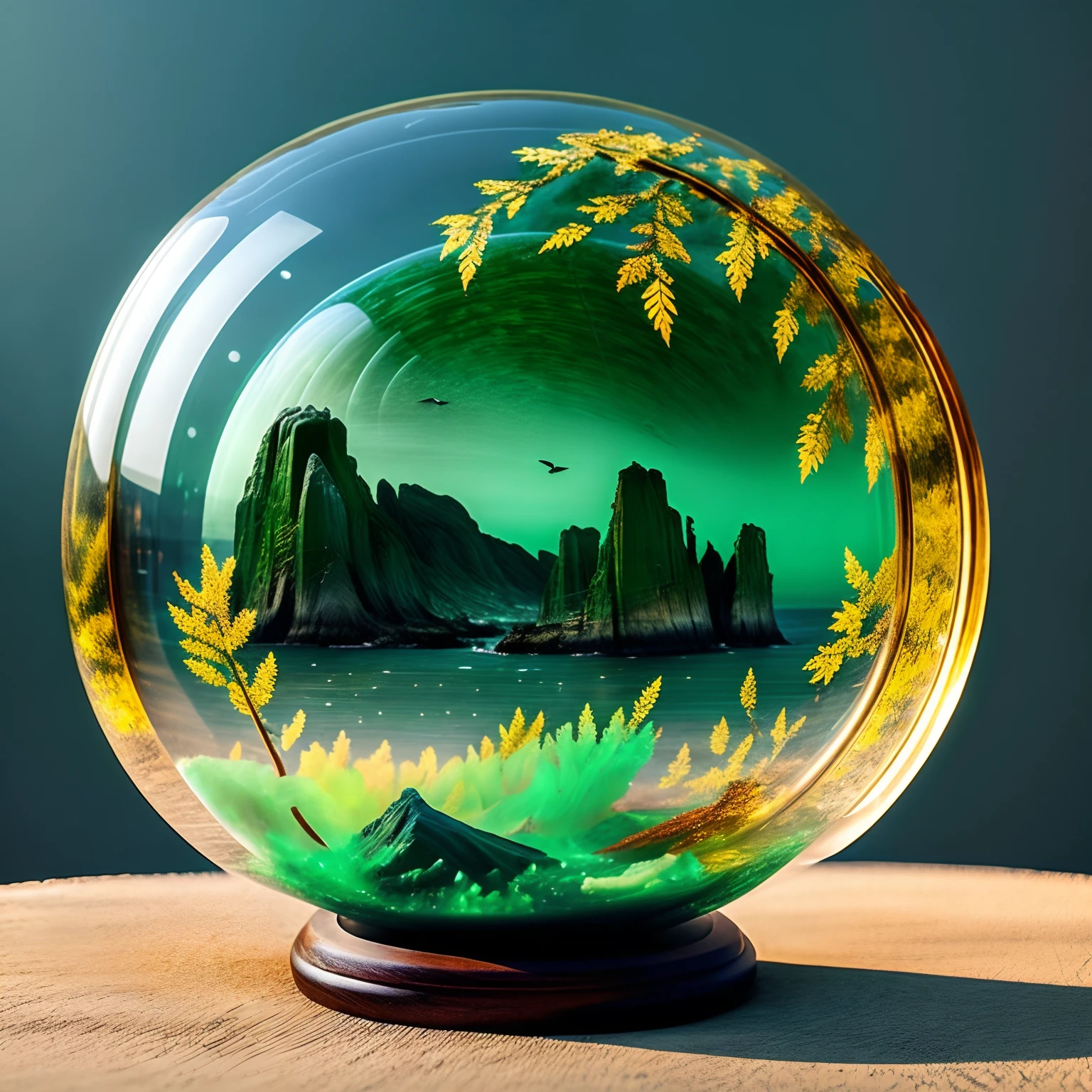 RPG Model ,Bubble | Concept Glass, Beautiful Unusual Ship Made of Jade  , Standing on the sea against the backdrop of beautiful shores of autumn forest  , Front light.