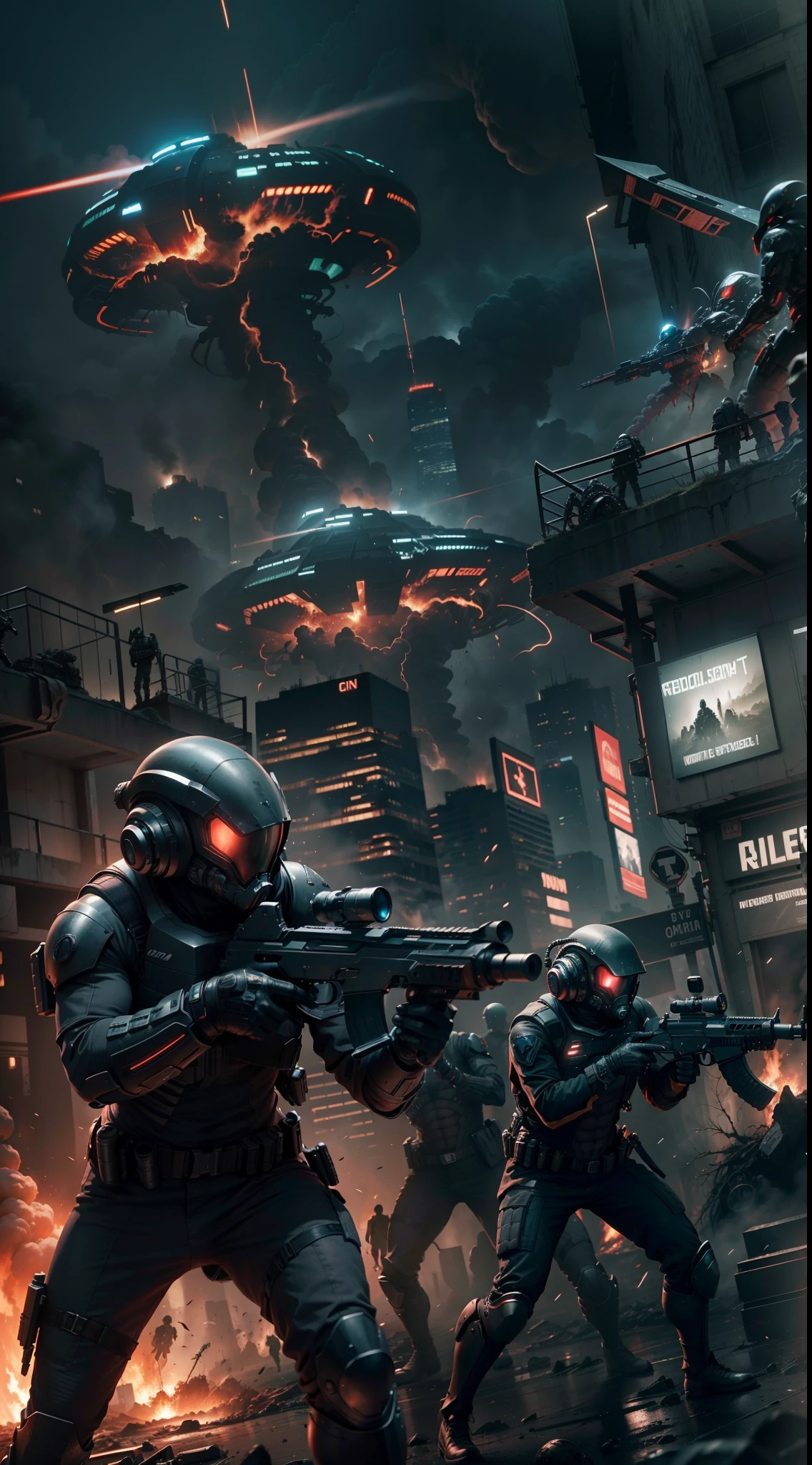 "Creepy and intense alien invasion scene with dark atmosphere, dramatic lighting, and intense action. Show powerful extraterrestrial creatures, advanced technology, destroyed cityscape, panicked civilians, and a sense of imminent danger. Generate an unsettling and immersive image that captures the chaos and terror of an otherworldly invasion. a group of humans wearing futuristic suits are fighting with laser guns, bloody war, The scene is extremely complex, extremely impressive with intricate details, extremely smooth displayed textures. Bright, sharp light" masterpiece, best quality, intricate detail, complex scenery, thrilling, dramatic action, 8k, hdr
