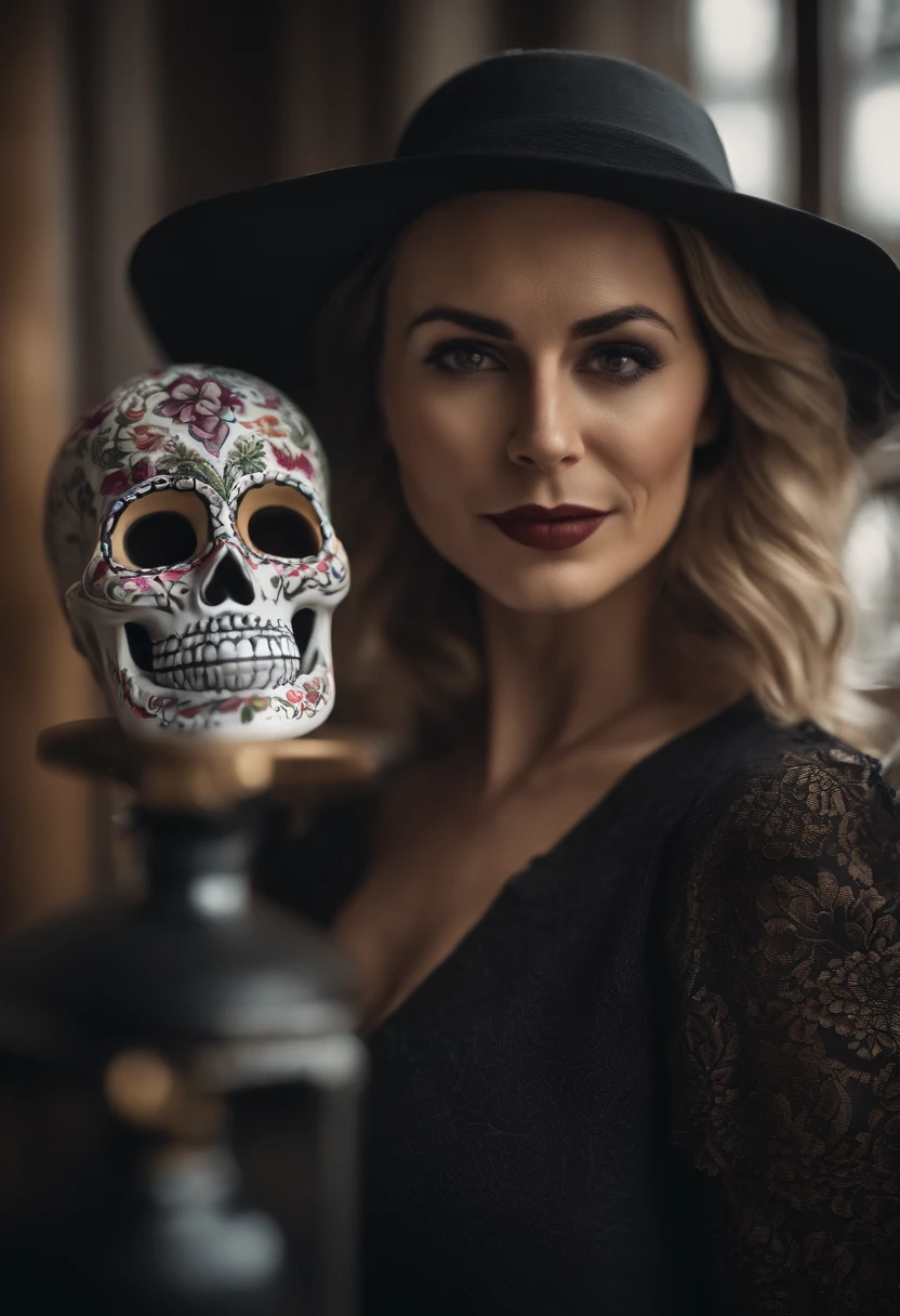 36-year-old beautiful Caucasian woman, vestida con atuendo de dia de muertos, grabando un video de tik tok , alta calidad, cuerpo completo, vista de frente, ((selfie de cuerpo completo))