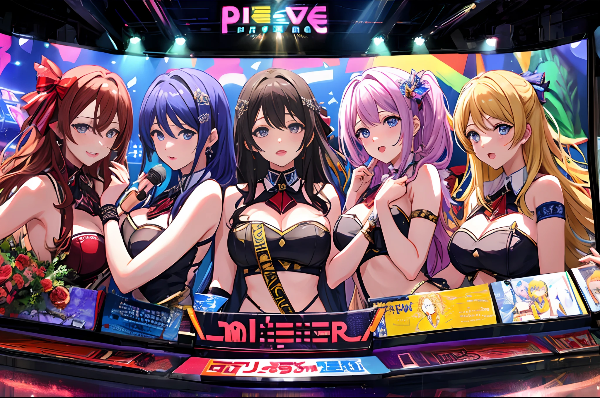 (Idol M@ster live poster), hyper realistic , ultra detailed, group of all the game's heroines present in Epic scenes