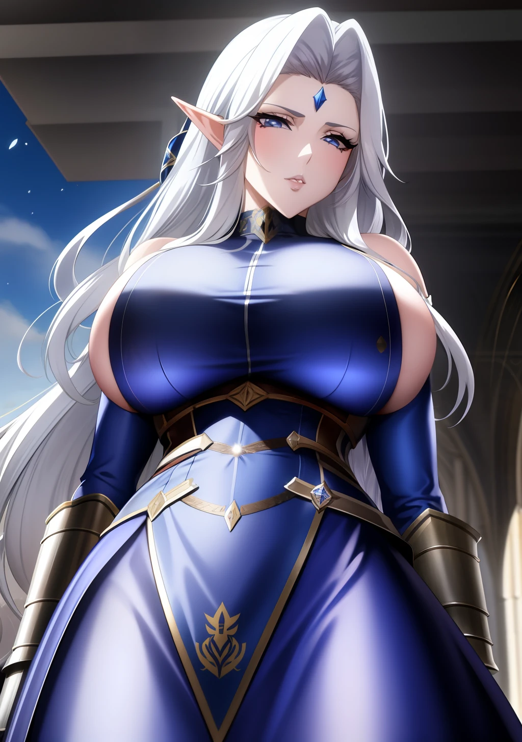 Blue gold Knight armor, knight helmet, skirt, huge tits, busty, silver hair, elf ears, cool face, beauty mark under eyes, blue eyes, long hair, intrincate details, detailed, masterpiece, best quality, 4K, HDR, royal hall, gothic building, upperbody,