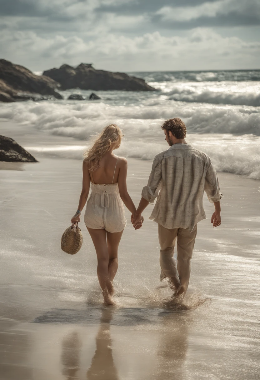 Describe a blonde couple in love walking hand in hand along a Brazilian beach. They're barefoot on the white sand, com o sol brilhando sobre eles. As ondas do mar quebram suavemente, creating a relaxing melody as they share smiles and complicit glances.