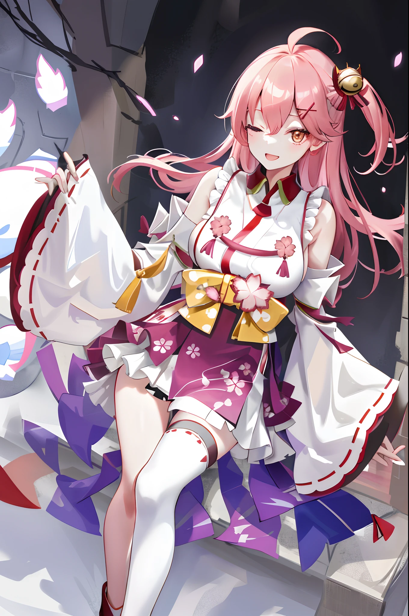masterpiece, best quality, highres, miko1, sakura_miko, 1girl, big_boobs, solo, ahoge, x_hair_ornament, pink_hair, floral print, hairclip,(side_less_clothes:1.5), (side_boobs:1.5), hair_bell, floral print, long_hair, hair between eyes, one side up, white thighhighs, asymmetrical legwear, wide sleeves, open_mouth,(happy:1.3),close_eyes,big_smile,(raise_leg:1.3),plump,apart_legs,(overly_long_sleeves:1.3),),sleeves_past_wrists,hands_hidden_sleeves,sidelock_clothes,dynamic_posing,solo,hidden_wrists,(XD:1.4),covered_nipples,