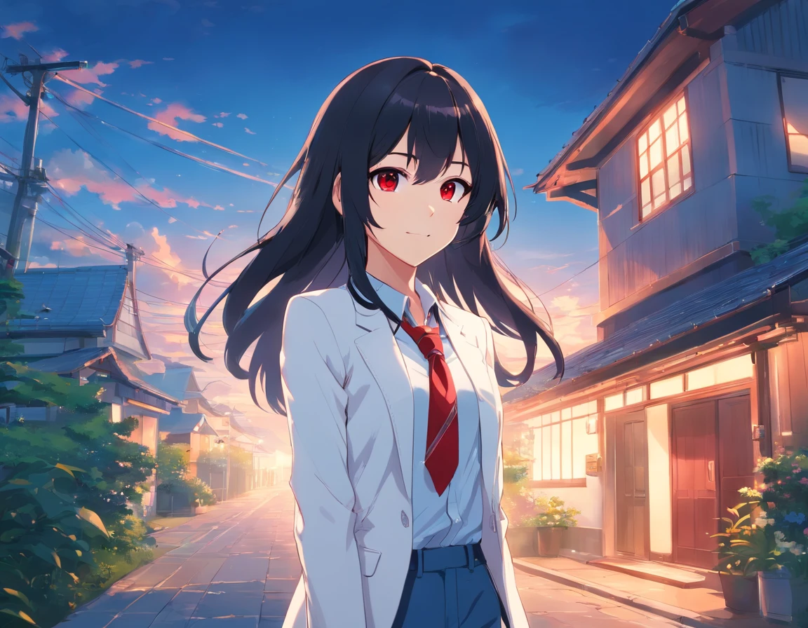 1 girl with long black hair, Red eyes,White skin wearing a white suit,wearing a tie,Wearing jeans smiling at viewer a house background 8K masterpiece