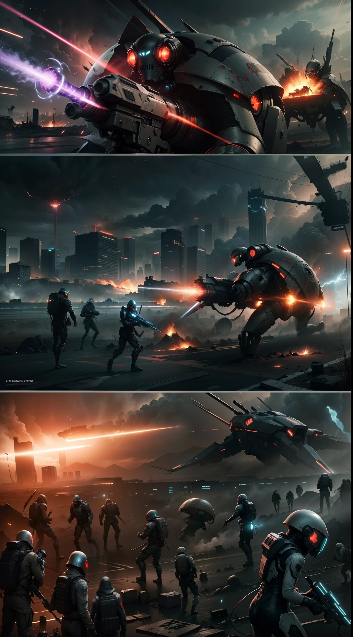 "Creepy and intense alien invasion scene with dark atmosphere, dramatic lighting, and intense action. Show powerful extraterrestrial creatures, advanced technology, destroyed cityscape, panicked civilians, and a sense of imminent danger. Generate an unsettling and immersive image that captures the chaos and terror of an otherworldly invasion. a group of humans wearing futuristic suits are fighting with laser guns, bloody war, The scene is extremely complex, extremely impressive with intricate details, extremely smooth displayed textures. Bright, sharp light" masterpiece, best quality, intricate detail, complex scenery, thrilling, dramatic action, 8k, hdr