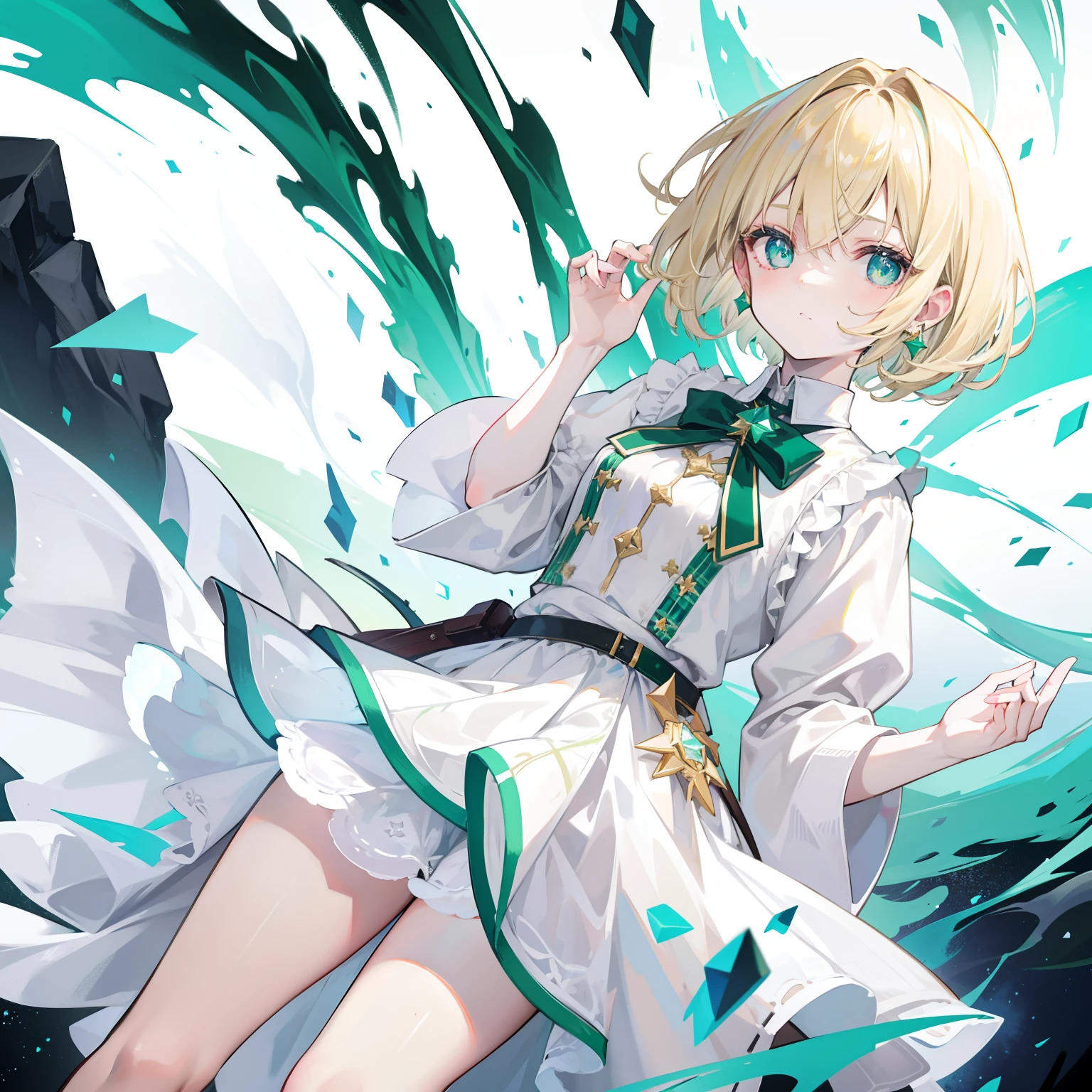 blond with short hair，white skinned，Dark green pupils，There are four-pointed stars in the eyes，Green one-sided earrings, White clothes，A short plaid skirt in green，Super nice looking, Extra cute and lovely
