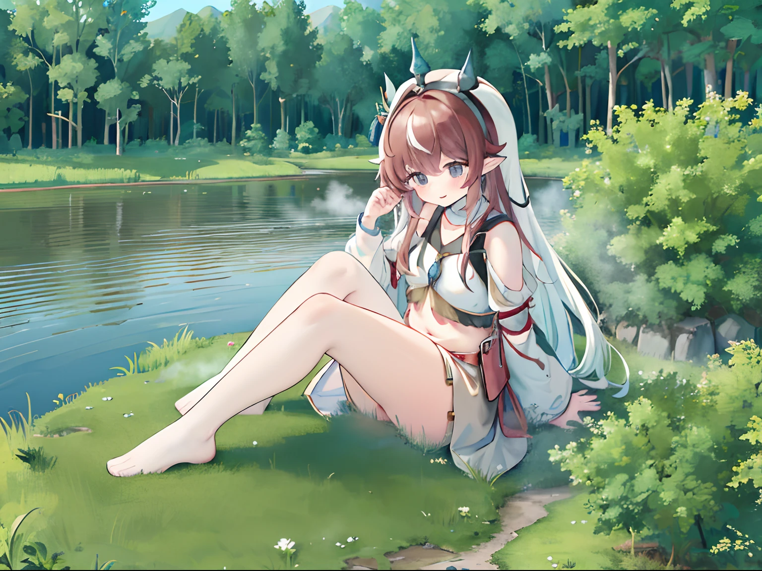 1girll，Clouds， ln the forest，mountain ranges，koyama， Small lake，Masterpiece, Best quality, Highly detailed,Masterpiece,Best quality,offcial art,Extremely detailed Cg Unity 8K wallpaper，{{{Giantess}}}，Giant，Miniature village，without wearing shoes，smiling expression，Sitting in the forest ，Soak your feet in the lake，The lake water emits steam，