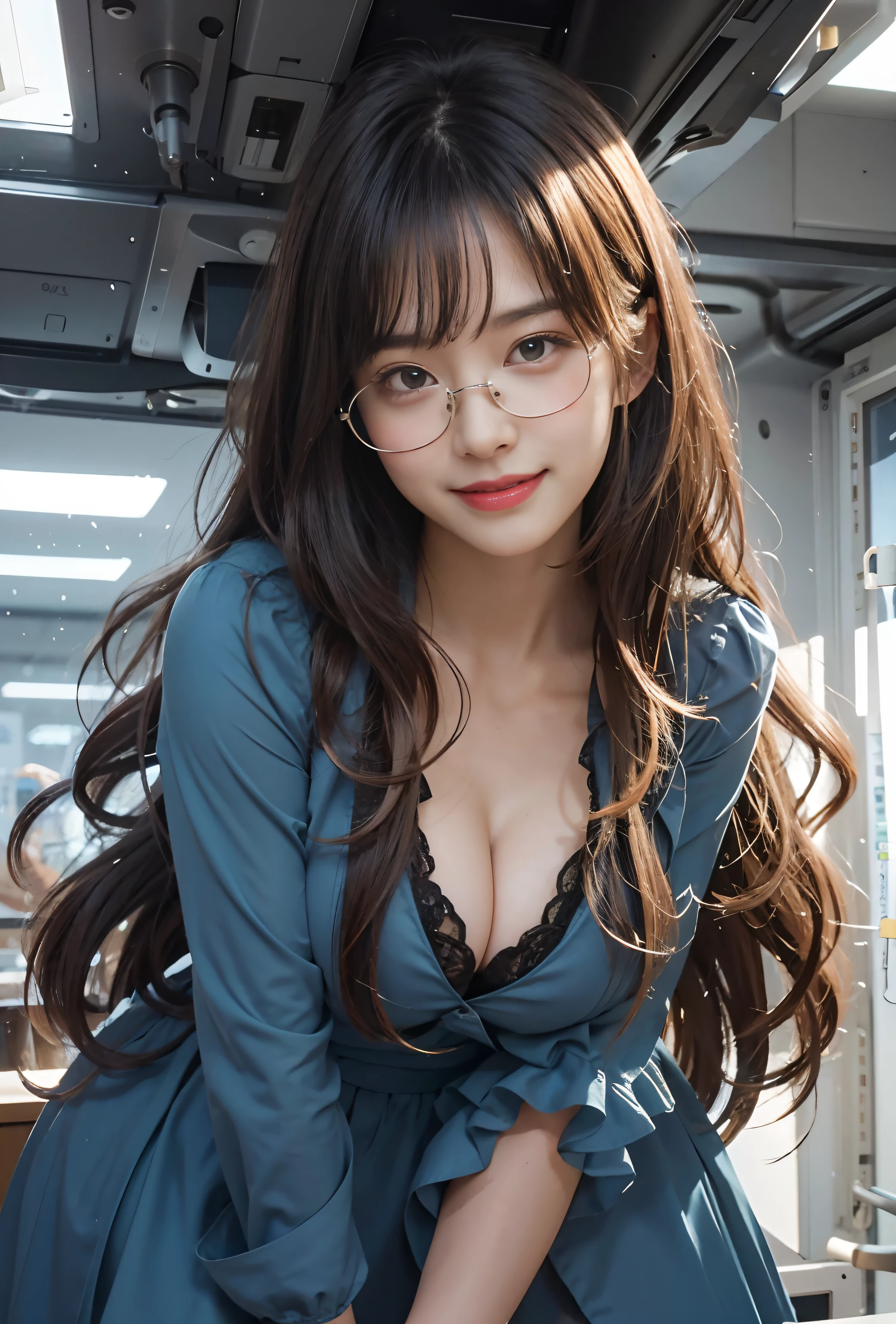 araffe woman in blue dress and glasses posing for a picture, with glasses, realistic young gravure idol, 奈良美智, with glasses on, young sensual gravure idol, young pretty gravure idol, wavy long black hair and glasses, seductive anime girl, beautiful asian girl, japanese goddess, young gravure idol, masterpiece, superdeformed, (((full body:1.3))), ultra high res, RAW photo, masterpiece, ultra detailed, 8k, full detailed hair, highres, best quality, ultra high res, ultra detailed face and eyes, (((photorealistic:1.4))), looking at viewer, (((smiling:1.2))), cute, (((large breast:1.7))), (((ray tracing:1.4))), ((((long legs:1.4)))), Best quality , masterpiece, large hip, Fully facial detailed, beautiful, ((very detailed of hair )) , (((:1.2))), thin lips, big eyes, highres, seducing, blue eyes , slim waist, 8k:1.2, 16k:1.2, highres, karol bak uhd, inspired by hajime sorayama, sensual gravure idol, buxom chested, panasonic lumix s pro 70mm