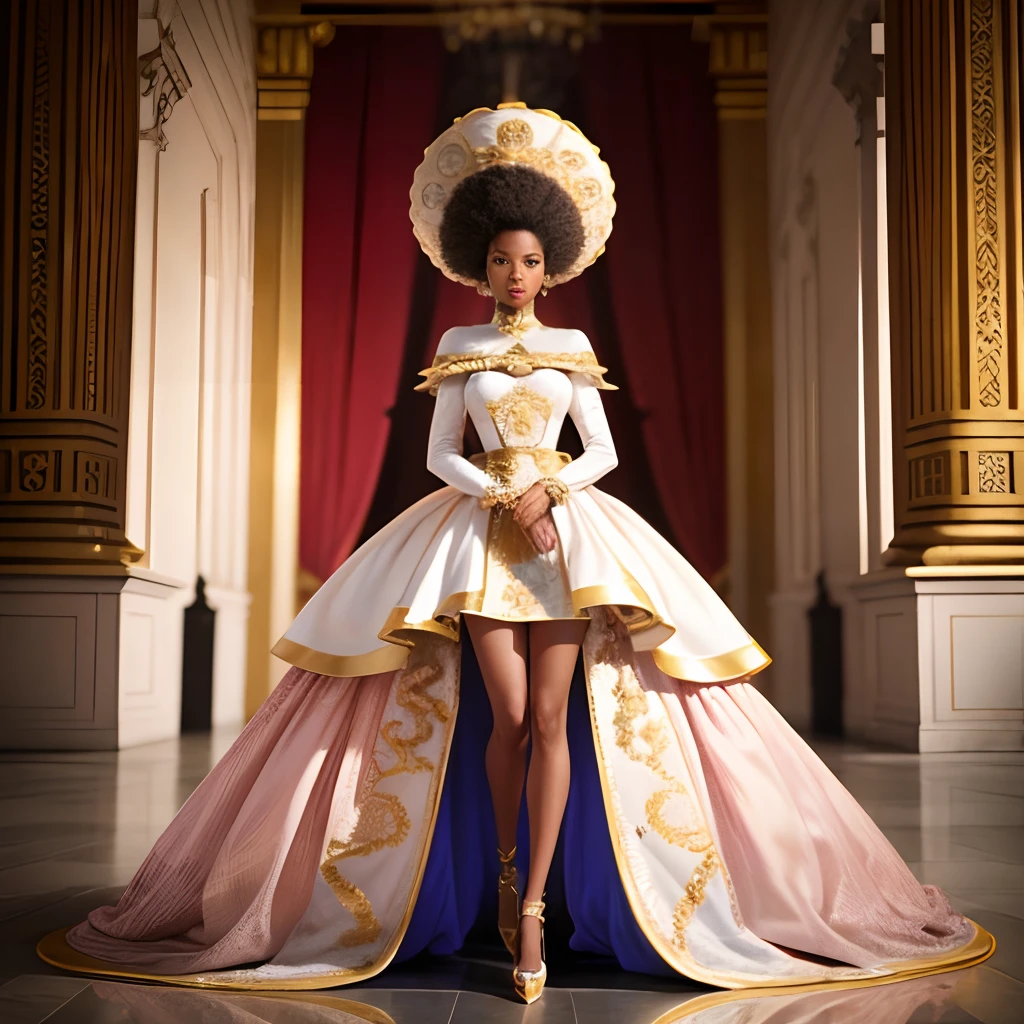 ultra fashion-forward candid editorial magazine photoshoot in a royal palace, petite afro female model with chic regal outfit, grandiose background, full body, HD DSLR, hyperrealistic, hyperdetailed, super grainy, editorial photography, wide angle lens