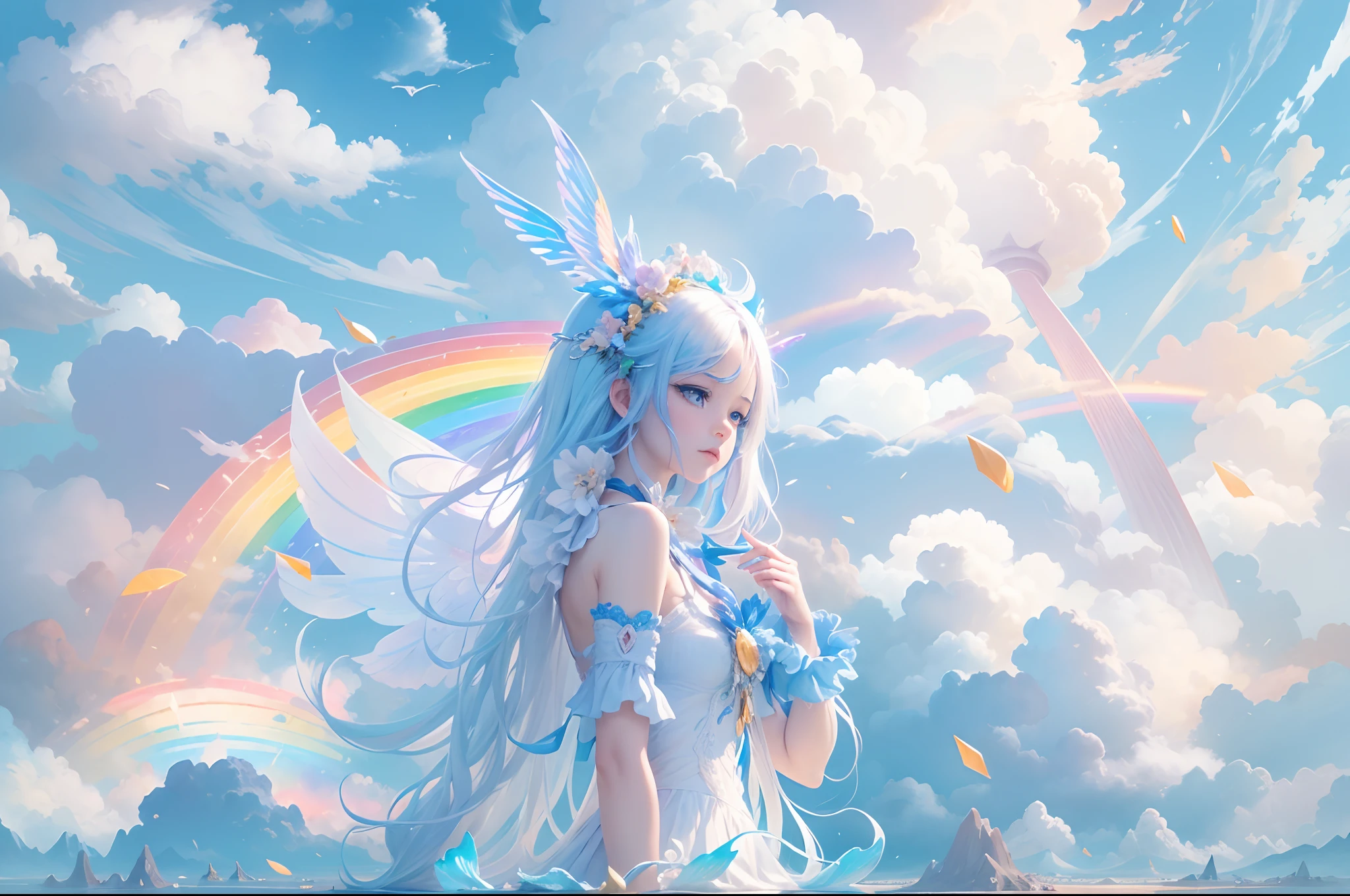((Need)), ((tmasterpiece)), (A detailed),rainbowing,Blue sky and white cloud background,Detail rainbow,Blue sky rainbow,ethereal rainbows,1 fairy,16k,UHD resolution,Simple composition,anatomy correct,Surreal dreams,Surrealist art fantasy style,Epic digital fantasy art style
