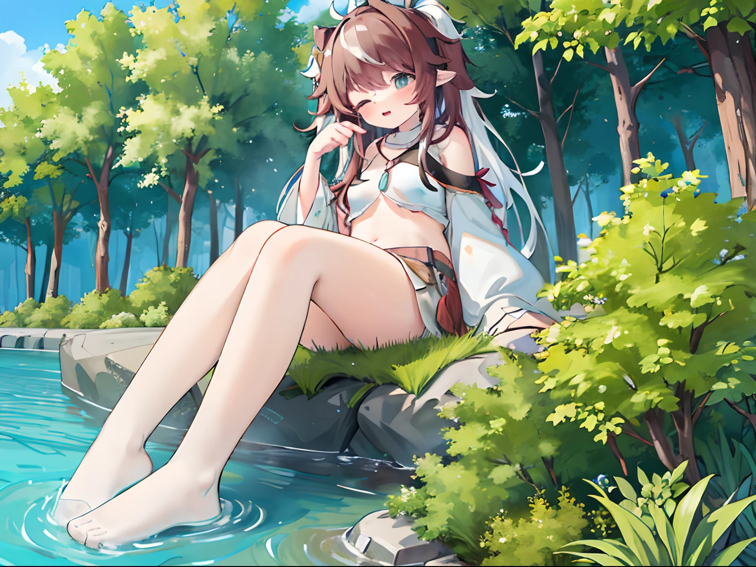 1girll,Clouds, ln the forest,mountain ranges,koyama, Small lake,Masterpiece, Best quality, Highly detailed,Masterpiece,Best quality,offcial art,Extremely detailed Cg Unity 8K wallpaper,{{{Giantess}}},Giant,Miniature village,without wearing shoes,smiling expression,Sitting in the forest ,Soak your feet in the lake,The lake water emits steam,
