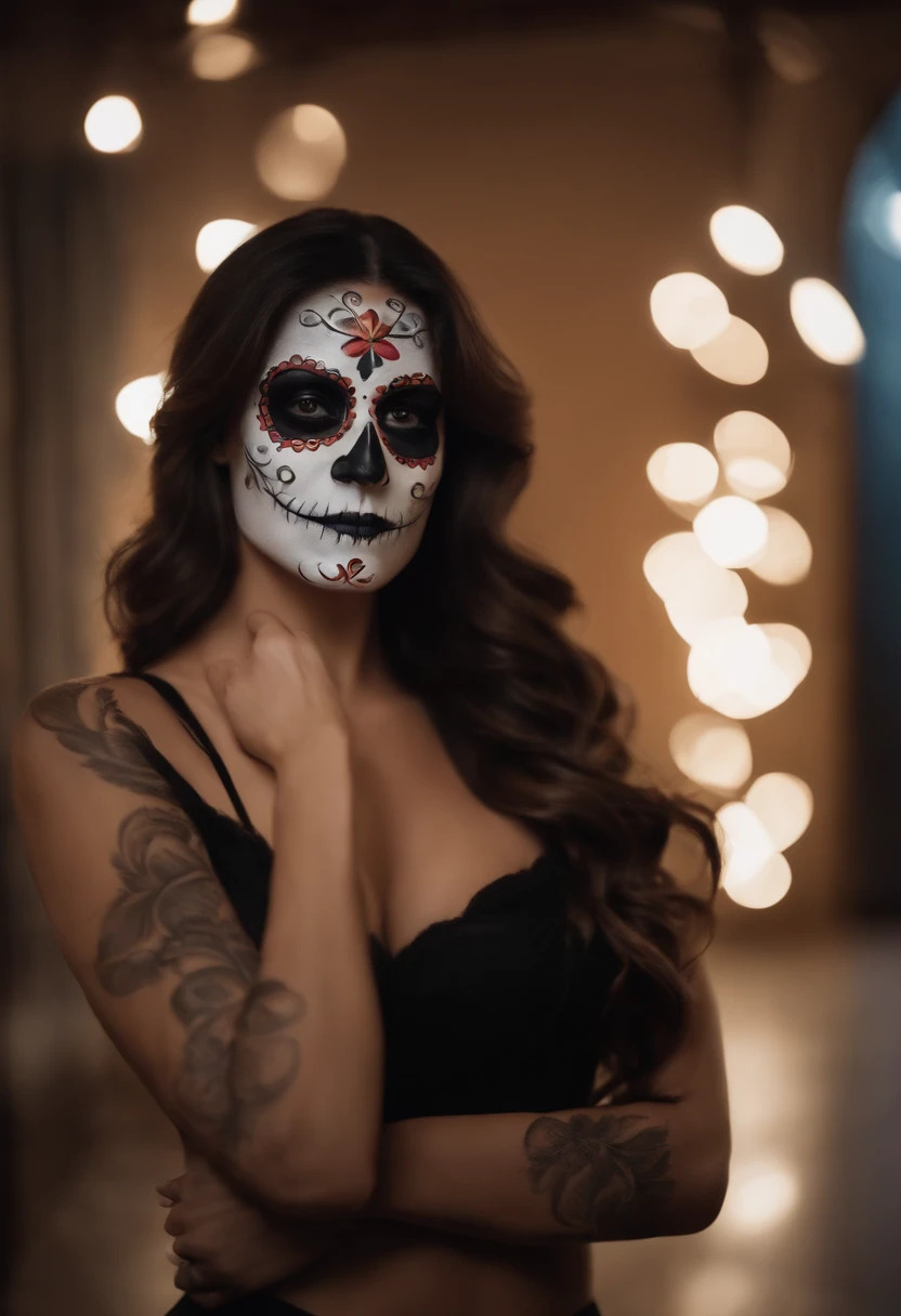 realistic photo, a japanese woman, wavy long brown hair, with sugar skull de los muertos mexican face mask is nude, prone position with hands supporting the chin, with legs lifted upwards, correct anatomy, detailed face and body, natural lighting, high resolution, photorealistic, (best quality,8k,highres,masterpiece:1.2),ultra-detailed,(realistic,photorealistic,photo-realistic:1.37),realistic skin texture,detailed eyes and lips,beautiful detailed face,long eyelashes,smooth skin,natural body shape, red blue lighting dramatic bedroom