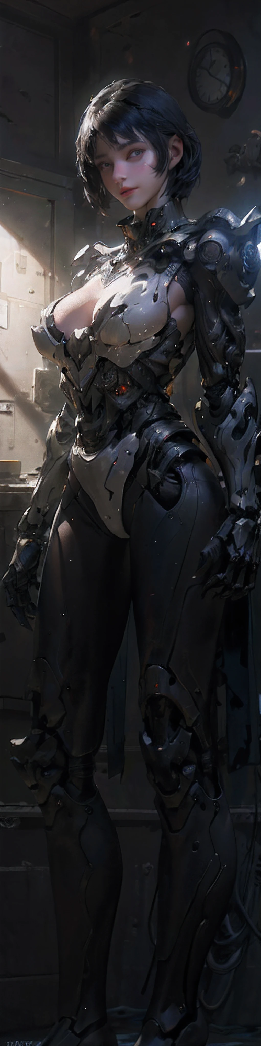 Raw, cinematic shot, (sharp focus:1.5), (photorealistic:1.4), twilight lighting, volumetric lighting, ultra high res, 16K,dramatic lighting, (from front:1.5),((1mechanical girl)),solo, (standing), (machine made joints:1.2),((machanical limbs)),(blood vessels connected to tubes),(mechanical vertebra attaching to back),((mechanical cervial attaching to neck)), lights on armor, mecha headglass,Luminous spine, laser eyes,expressionless,huge breast,Look away from the camera,
colorful,hdr, ray tracing, nvidia rtx, super-resolution, unreal 5, subsurface scattering, pbr texturing, post-processing, anisotropic filtering, depth of field, maximum clarity and sharpness, rule of thirds, 16k raw, (luminescent particles:1.4), (extremely detailed cg, unity 8k wallpaper, 3d, cinematic lighting, lens flare), reflections, sharp focus, cyberpunk art,  ((realistic)), (highly detailed CG illustration), ((an extremely delicate and beautiful)),cinematic light,(photorealistic:1.5), (Dark room:1.5),dynamic angle, (((masterpiece))), (((best quality))), ((ultra-detailed)), (illustration), (detailed light), dramatic_shadow,(face shadow (extra detailed,best performance)),