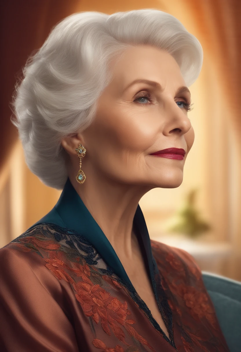 Middle-aged beauty、Stand confidently、facing the front there、Stylish hairstyle、The movements are smooth、ellegance、well dressed、Cross your hands naturally、inside in room