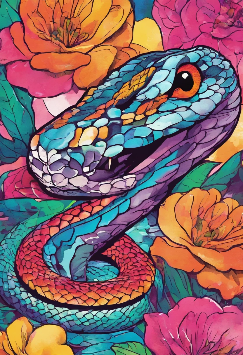 Snake head in the watercolor style of David Paul Seymour with flowers and vibrant hues.