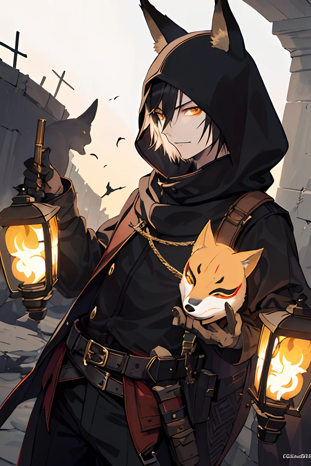 top quality, best quality, official art, beautiful and aesthetic: 1,2), ((1 man)), masculine, elegant, expressive eyes, (fraktale Kunst: 1,3), dark, very detailed, (perfect face), half body, looking at viewer, dutch angle, cowboy shot, (black short hair), tousled, (amber eye color), young and handsome, kitsune mask covering face, fox mask, old and torn black hood, leather armor, rogue, dagger, subtle smirk, HDR, (subtle gold lines: 1,2), mysterious aura, (Schatten), eye-catching graphics, (dynamische Streifen, leuchtende Spuren: 1,2), vibrant colors, (fox tail), (Lichteffekte), RPG.