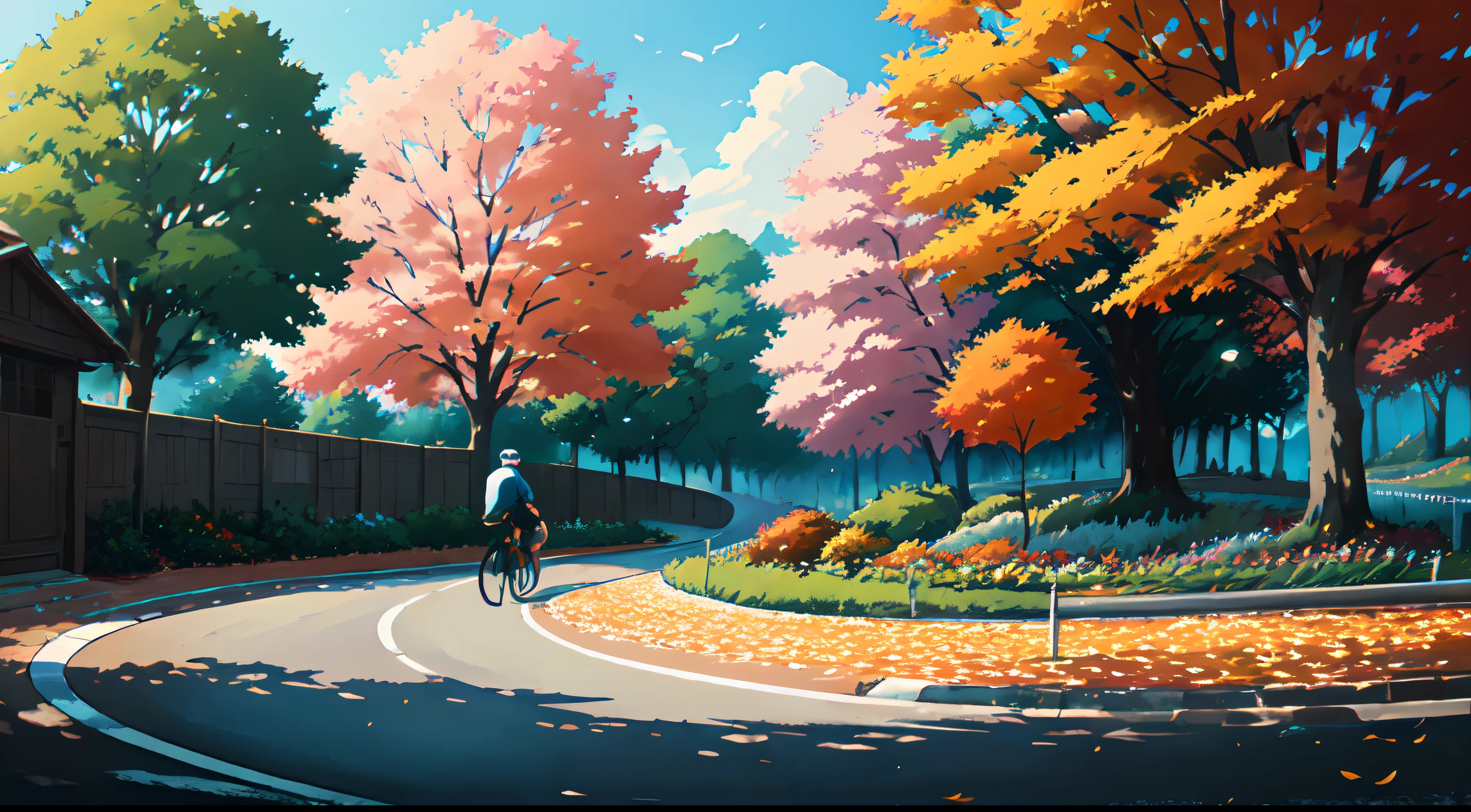 (cycliste seul: 1.5), (Realistic bike: 1.5), (realistic cyclist: 1.5), Plan en gros plan, Le meilleur des meilleurs, automne, Orange leaves, Landscaped background, ombres, contraste, Makoto Shinkai (beste-Qualit:1.3), (high resolucion:1) Art par Studio Ghibli Style, impressionnisme, couleurs vibrantes