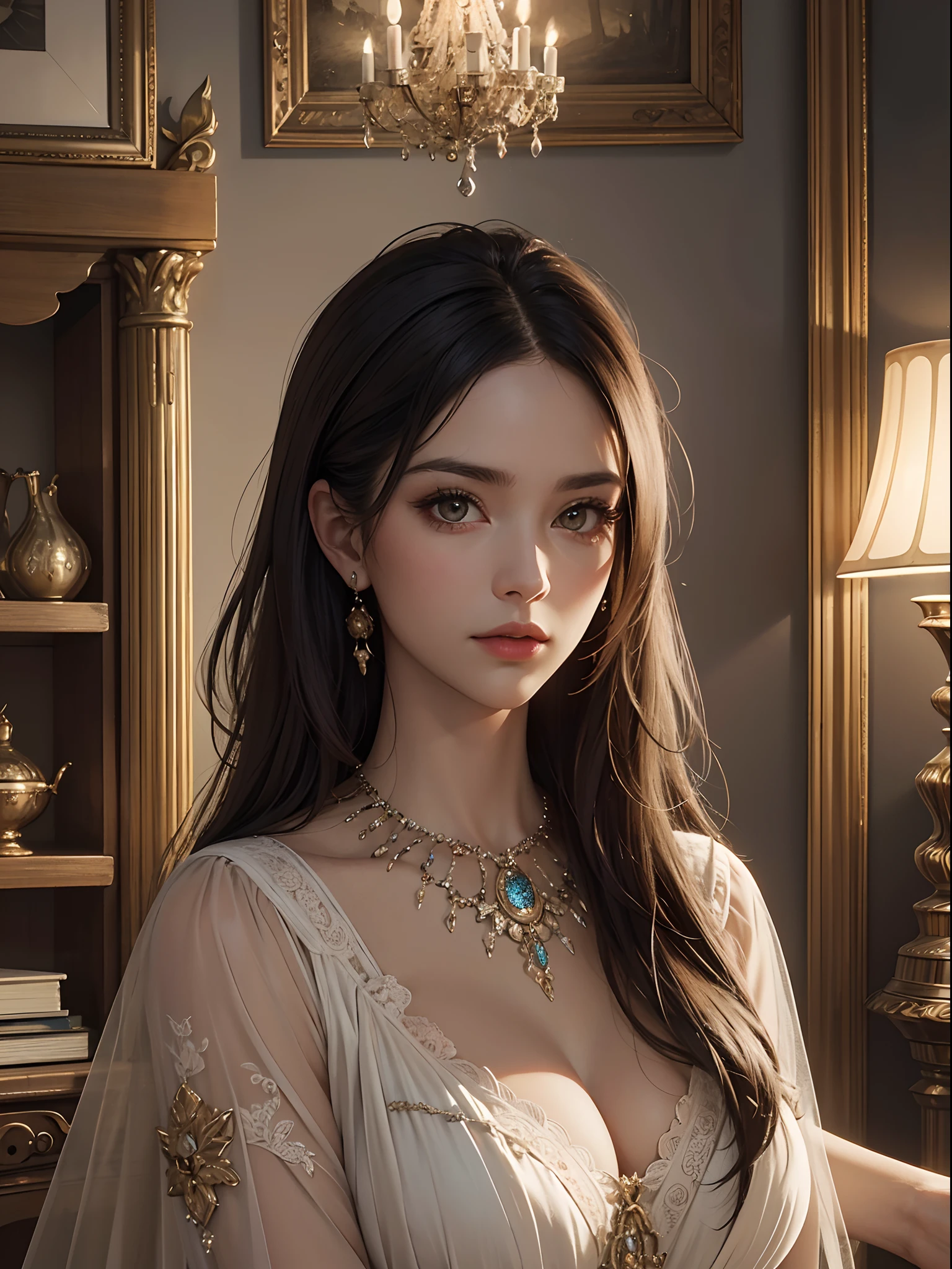 (best quality,4k,8k,highres,masterpiece:1.2),ultra-detailed,(realistic,photorealistic,photo-realistic:1.37),HDR,UHD,studio lighting,ultra-fine painting,sharp focus,physically-based rendering,extreme detail description,professional,vivid colors,bokeh, portraits,landscape,horror,anime,sci-fi,photography,concept artists).

"An enchanting masterpiece of a highly detailed wallpaper that exudes beauty and melancholy. The scene depicts a Victorian-inspired room with elegant furniture and intricate patterns on the walls. The room is illuminated by soft studio lighting, showcasing the depth and texture of the surroundings. The colors are rich and vibrant, with a touch of sepia to create a nostalgic atmosphere. In the center of the room stands a captivating woman in a stunning dress, radiating elegance and grace. The woman's eyes are beautifully detailed, drawing the viewer into her melancholic gaze. Her lips are perfectly painted, adding a touch of allure to her expression. The attention to detail in her face and features is extraordinary, with long, delicate eyelashes that accentuate her eyes. She stands in a pose that exudes confidence and poise. The room is adorned with art pieces, vintage decor, and books, further enhancing the Victorian aesthetic. The wallpaper is of the highest quality, allowing every intricate detail to come to life in vivid