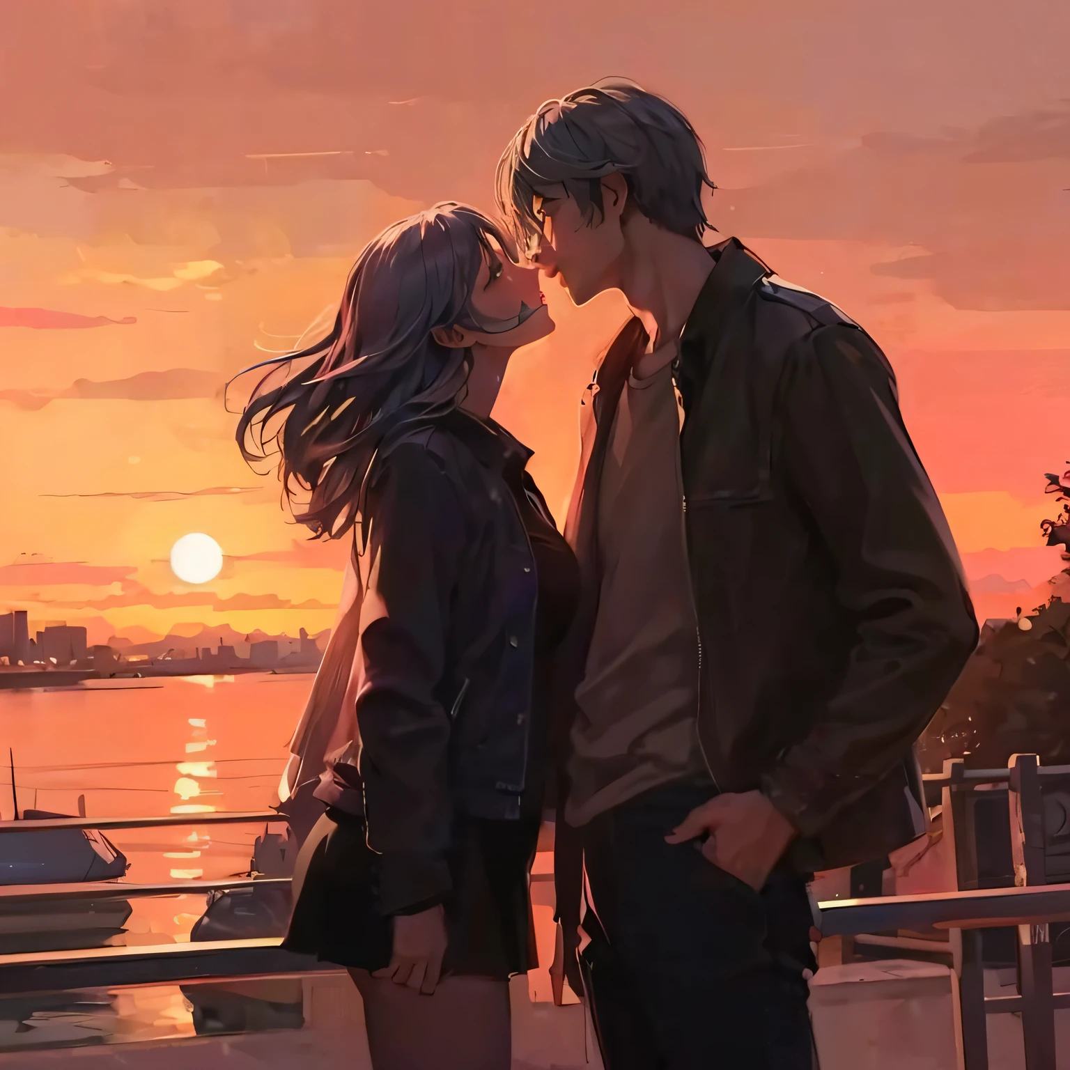 a man and a woman kissing, sunset in the city,romantic atmosphere,captivating moment,dramatic lighting,cityscape,passionate embrace,love in the air,urban romance,vibrant colors,silhouette of buildings,romantic vibe,city skyline,couple in love,affectionate gesture,beautiful sunset colors,romantic setting,city lights reflecting on the water,heartwarming scene,intimate connection,lovers under the sky,gentle breeze,romantic silhouette of a couple,warm evening glow,whispering sweet nothings,cityscape at dusk,blissful moment,romantic escapade,candid moment of love,urban serenade,reflection of love in the city,romantic atmosphere,enchanting view of the city,love and passion in the city,sunset glow illuminating their faces,love transcending the city's hustle and bustle,serene moment amidst the urban chaos,eternal love amidst the city's vibrant energy,embrace under the painted sky,unforgettable sunset kiss. (best quality,4k,8k,highres,masterpiece:1.2),ultra-detailed,(realistic,photorealistic,photo-realistic:1.37),HDR,UHD,studio lighting,ultra-fine painting,sharp focus,physically-based rendering,extreme detail description,professional,vivid colors,bokeh,portraits,cityscape