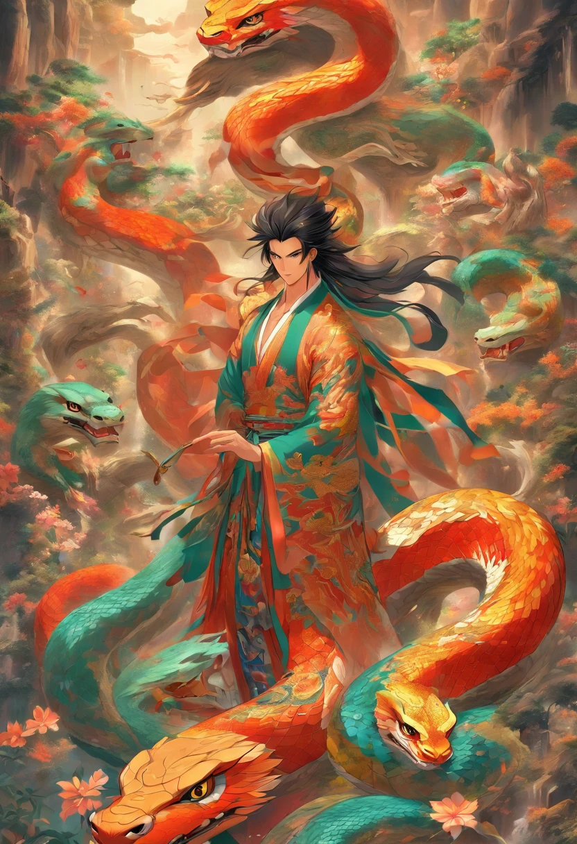 (((Half-snake, half-Human body))) best quality, ultra-high resolution, 4K detailed CG, masterpiece,Fu Xi, Man, black hair, ((Half man half charge)), Chinese mythology, style Chinese painting, Shui Mo Hua, Thangka style, aesthetics, beautiful image, depth of field, centered on canvas
