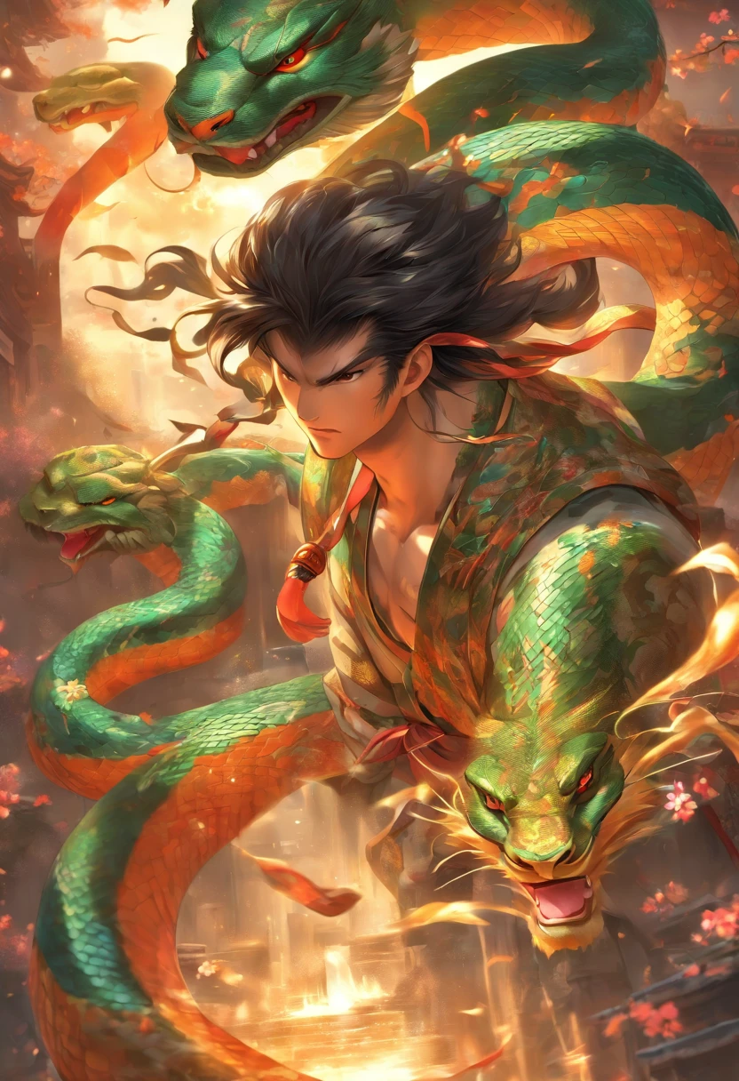 (((Half-snake, half-Human body))) best quality, ultra-high resolution, 4K detailed CG, masterpiece,Fu Xi, Man, black hair, ((Half man half charge)), Chinese mythology, style Chinese painting, Shui Mo Hua, Thangka style, aesthetics, beautiful image, depth of field, centered on canvas