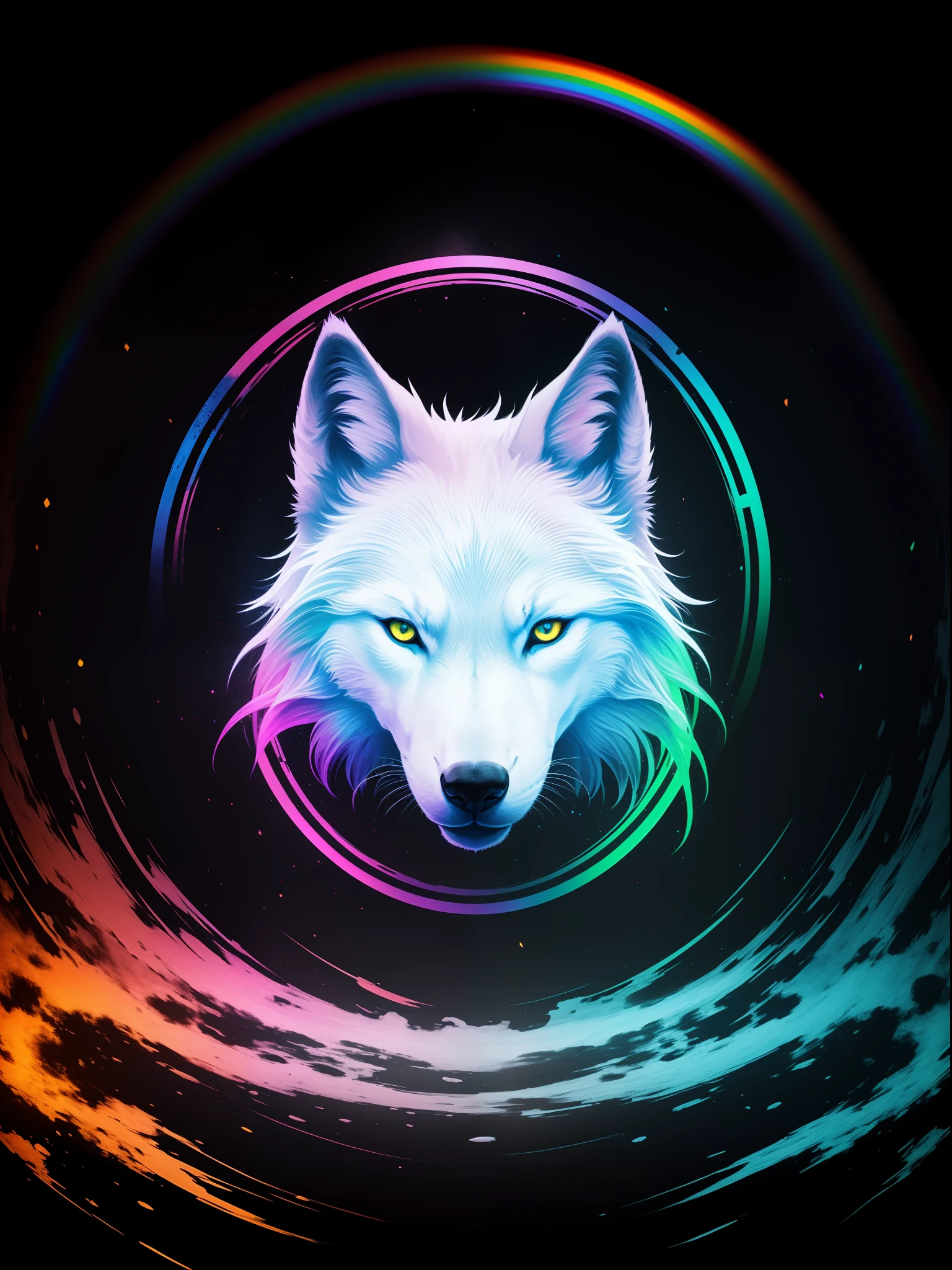 White wolf head painting on black background,The rainbow surrounds the wolf's head to form different structures, breath-taking rendering, Magical rainbow elements,Splendid round rainbow composition,circular composition,Solo