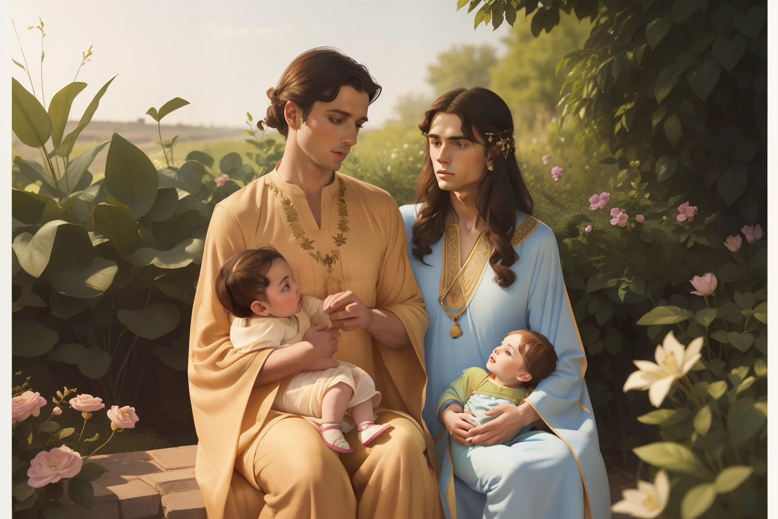 Year: 11th century. Location: Ispahan. Pre-raphaelite scene with a 25-year-old english man, father watching his 1-year-old son while holding a baby boy, in the garden, love and tenderness, ((((11th century plain caftan)))) ((11th century hairstyle)), (((cinematic style)))