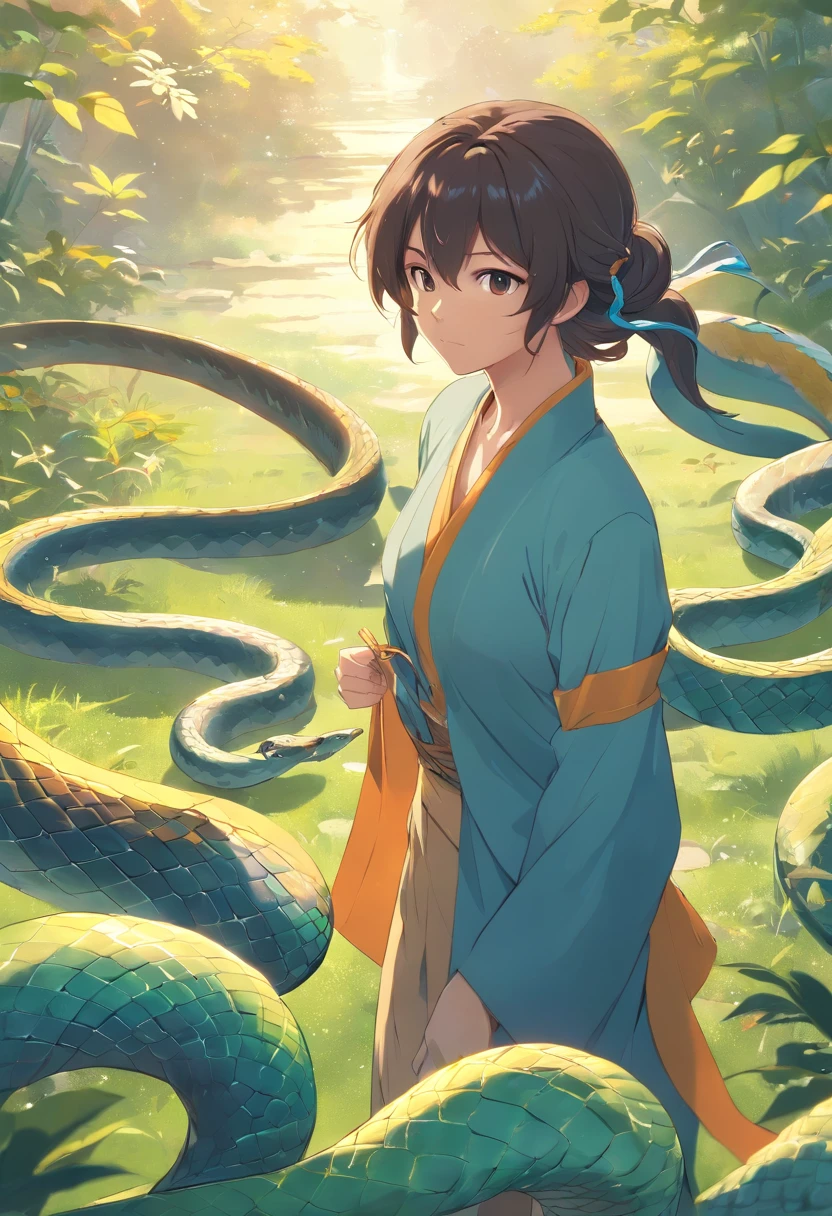 (((Half-snake, half-Human body))) best quality, ultra-high resolution, 4K detailed CG, masterpiece,Fu Xi, Man, black hair, ((Half man half charge)), Chinese mythology, style Chinese painting, Shui Mo Hua, Thangka style, aesthetics, beautiful image, depth of field, centered on canvas