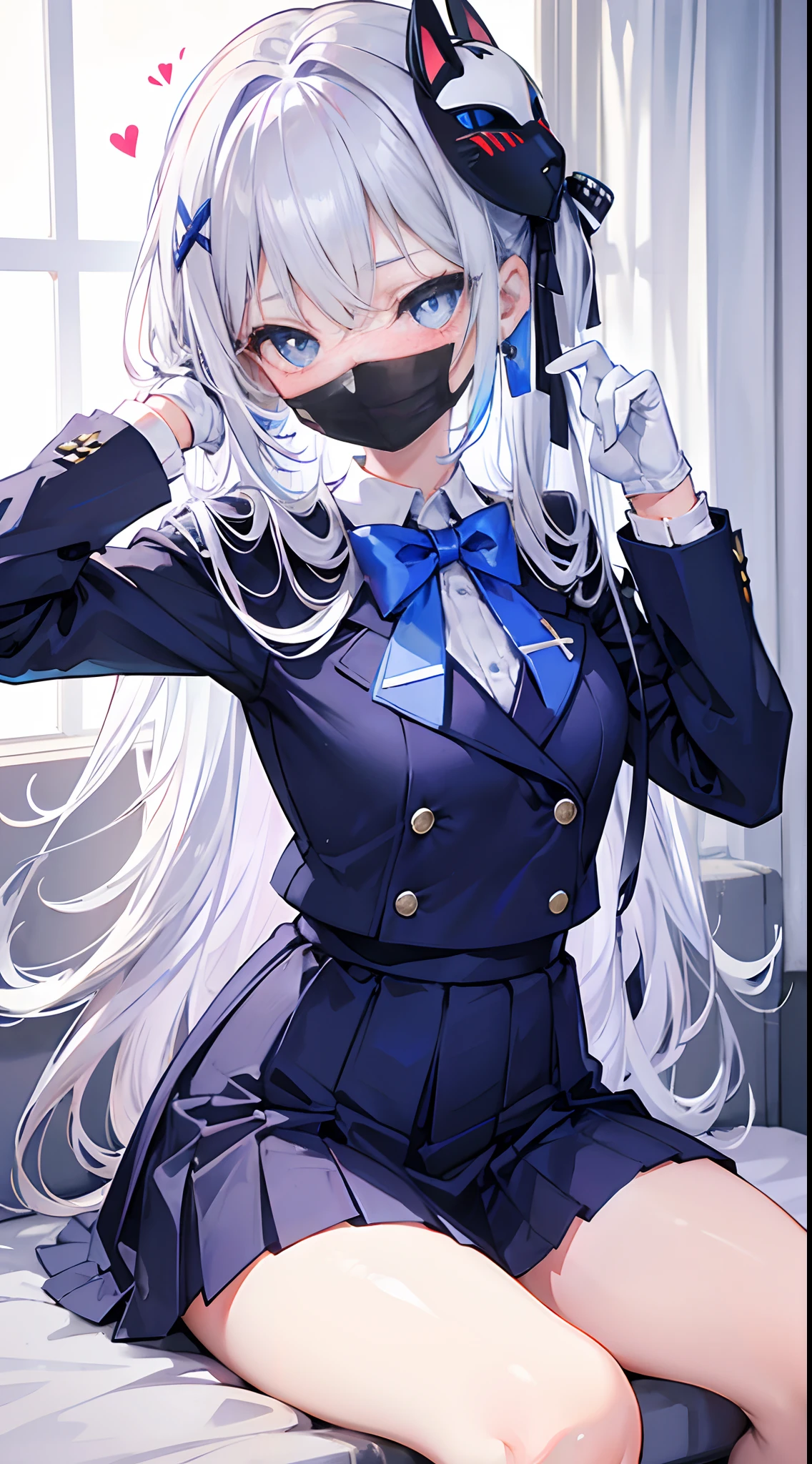 Silver hair bow tie on hair blue eyes with heart shape pupils in school uniform blushing while sitting gloves arm length mask on face