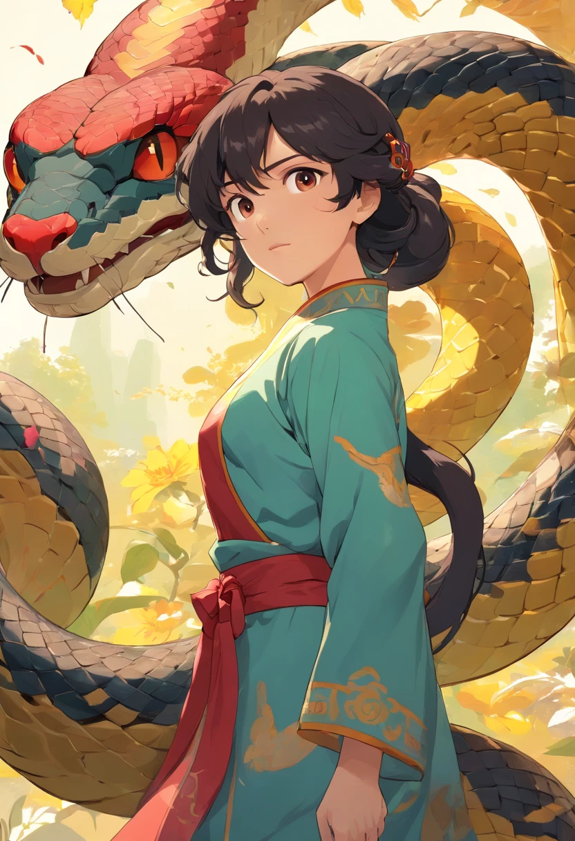 (((Half-snake, half-Human body))) best quality, ultra-high resolution, 4K detailed CG, masterpiece,Fu Xi, Man, black hair, ((Half man half charge)), Chinese mythology, style Chinese painting, Shui Mo Hua, Thangka style, aesthetics, beautiful image, depth of field, centered on canvas