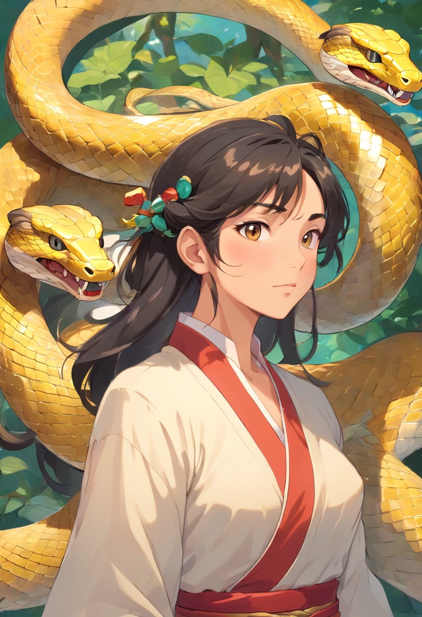 (((Half-snake, half-Human body))) best quality, ultra-high resolution, 4K detailed CG, masterpiece,Fu Xi, Man, black hair, ((Half man half charge)), Chinese mythology, style Chinese painting, Shui Mo Hua, Thangka style, aesthetics, beautiful image, depth of field, centered on canvas