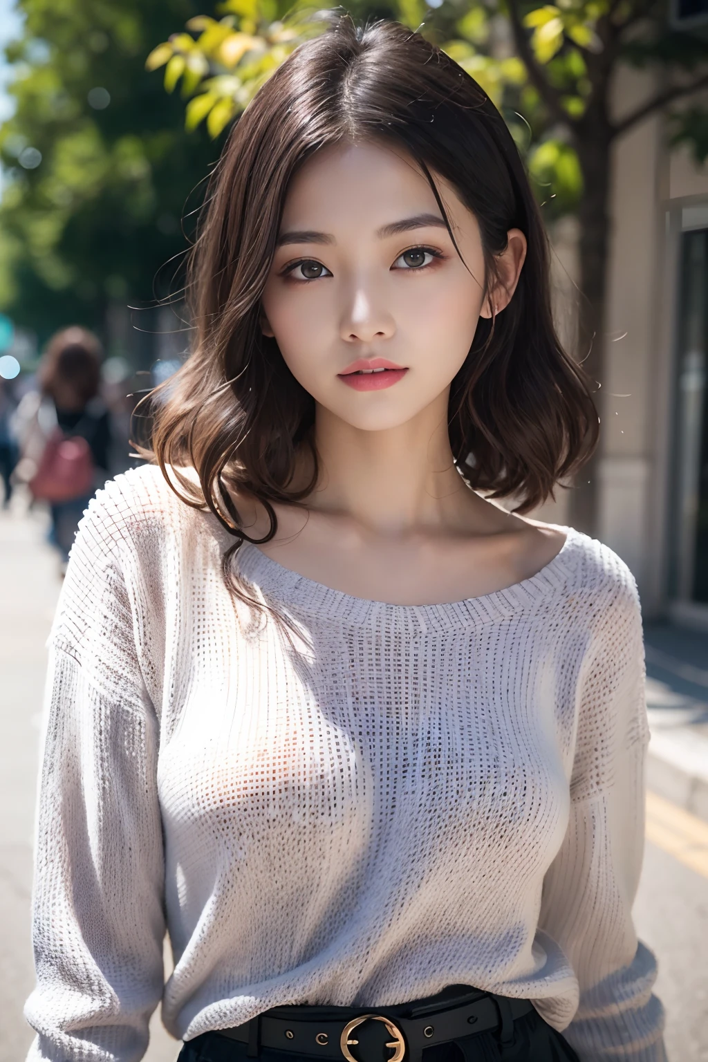 (8K,Raw photo、Raw photo、top-quality、Master masterpiece:1.2)、ultra-detailliert、Super Resolution、(Photorealsitic:1.3)、Angle to shoot from the front、Clearly draw shades of light、high resolution RAW color photos、professional photograpy、Same skin type as humans、Female proofreading of Japan from head to waist、Blur the background、Draws faithfully to anatomy、cafes、Very detailed and beautiful、Ultra-high image quality、long、Hair swaying and sexy、Very detailed beautiful girl、(Pink Eye Shadow)、smil、Plain clothe、The upper part of the body、Park on a sunny day、Loosely curly hair、Sweaters、Cheek cane、