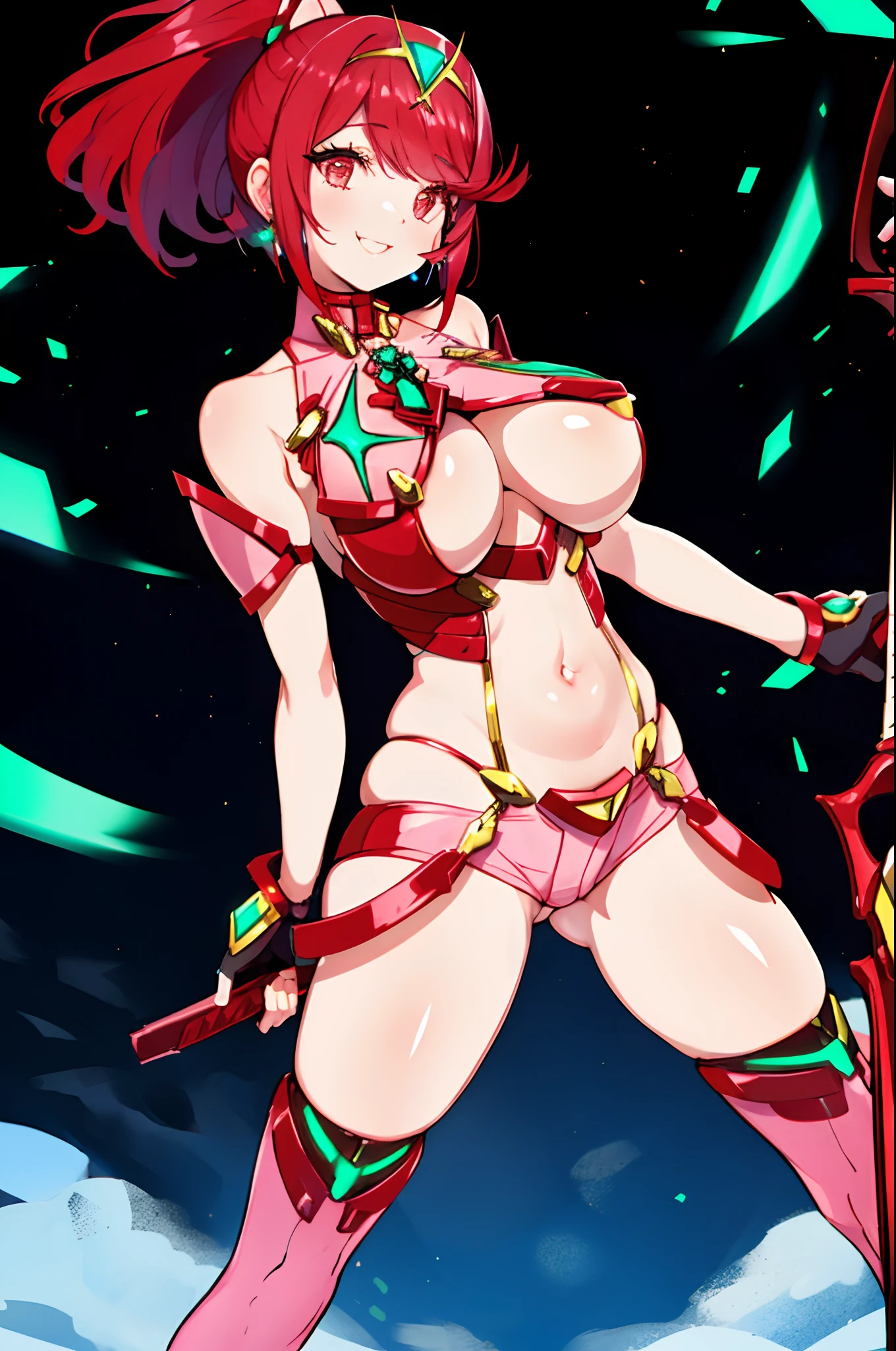 pyra \(xenoblade\), _1girl, lolings, black gloves, breasts, red eyes, shout, earrings, eyelashes, fingerless gloves, floating hair, , gem, gloves, hair ornament, headpiece, jewelry, gigantic_breasts, leaning back, swimsuit, neon trim, official art, pose, red hair, saitou masatsugu, short hair, sidelocks, skin tight, solo, swept bangs, thighhighs, tiara, fantasy_town_background, underbust, xenoblade chronicles \(series\), (xenoblade chronicles 2), (spread_legs:1.1), fire_effect,dynamic_pose,fighting,light_smile, (plump:1.1), big_ass,huge_sword, hold_large_sword_hilt, covered_nipples, covered_pussy, fists,ponytail,beautiful_fingers,(solo:1.1), bare_shoulder,(shoulder_naked:1.2), nipple_jewel,back, back_view, focus_ass,ass, very_short_shorts