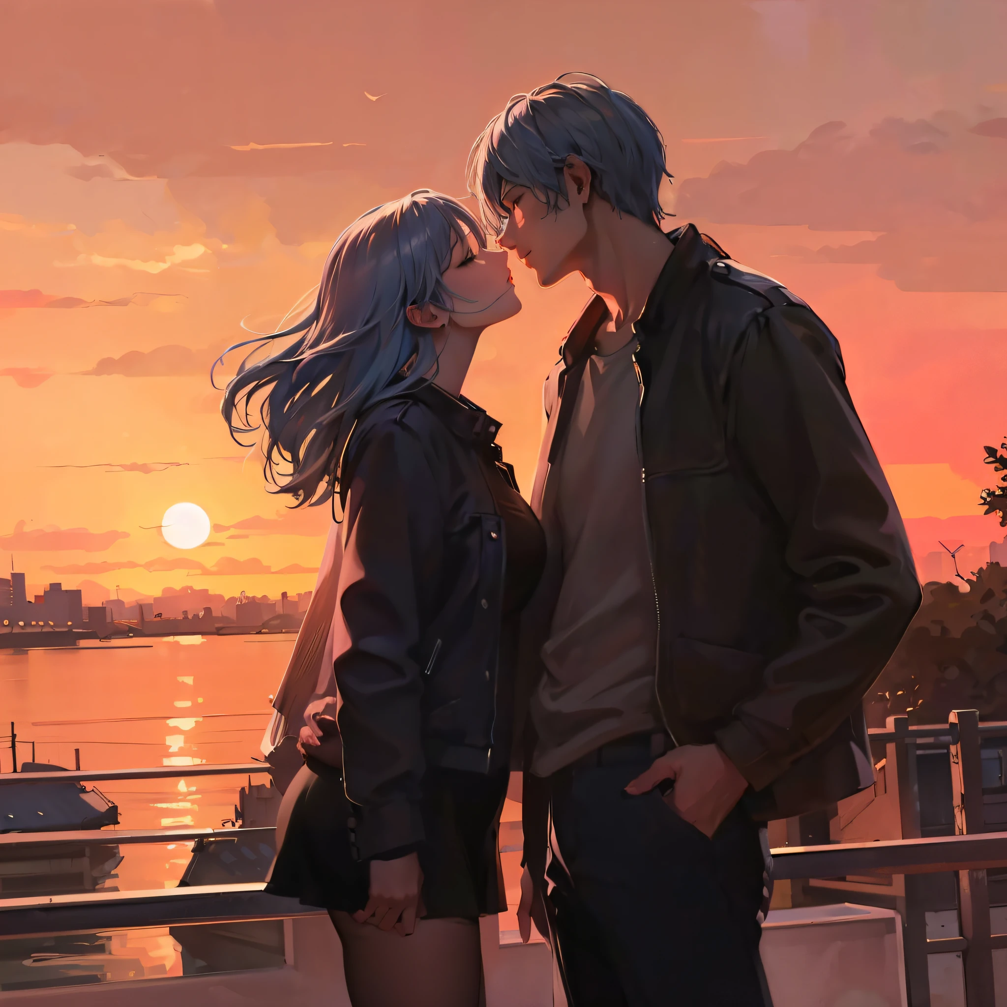a man and a woman kissing, sunset in the city,romantic atmosphere,captivating moment,dramatic lighting,cityscape,passionate embrace,love in the air,urban romance,vibrant colors,silhouette of buildings,romantic vibe,city skyline,couple in love,affectionate gesture,beautiful sunset colors,romantic setting,city lights reflecting on the water,heartwarming scene,intimate connection,lovers under the sky,gentle breeze,romantic silhouette of a couple,warm evening glow,whispering sweet nothings,cityscape at dusk,blissful moment,romantic escapade,candid moment of love,urban serenade,reflection of love in the city,romantic atmosphere,enchanting view of the city,love and passion in the city,sunset glow illuminating their faces,love transcending the city's hustle and bustle,serene moment amidst the urban chaos,eternal love amidst the city's vibrant energy,embrace under the painted sky,unforgettable sunset kiss. (best quality,4k,8k,highres,masterpiece:1.2),ultra-detailed,(realistic,photorealistic,photo-realistic:1.37),HDR,UHD,studio lighting,ultra-fine painting,sharp focus,physically-based rendering,extreme detail description,professional,vivid colors,bokeh,portraits,cityscape