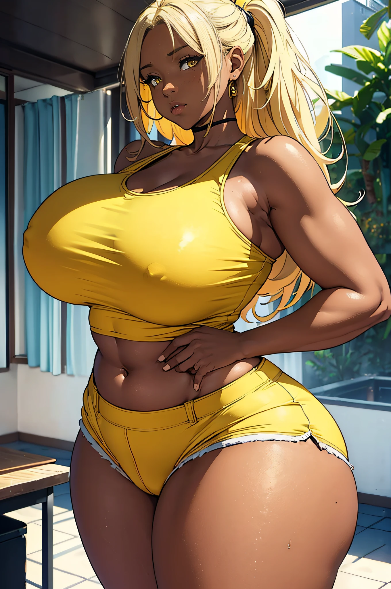 (best quality,ultra-detailed),1milf, yellow long hair,yellow eyes,dark skin,thin strap white tank top,super short shorts,immensely large breasts,exposed breasts,thick thighs,insanely inflated hips, curvy body, focus on thighs,at home,homely backdrop,vivid colors,sharp focus