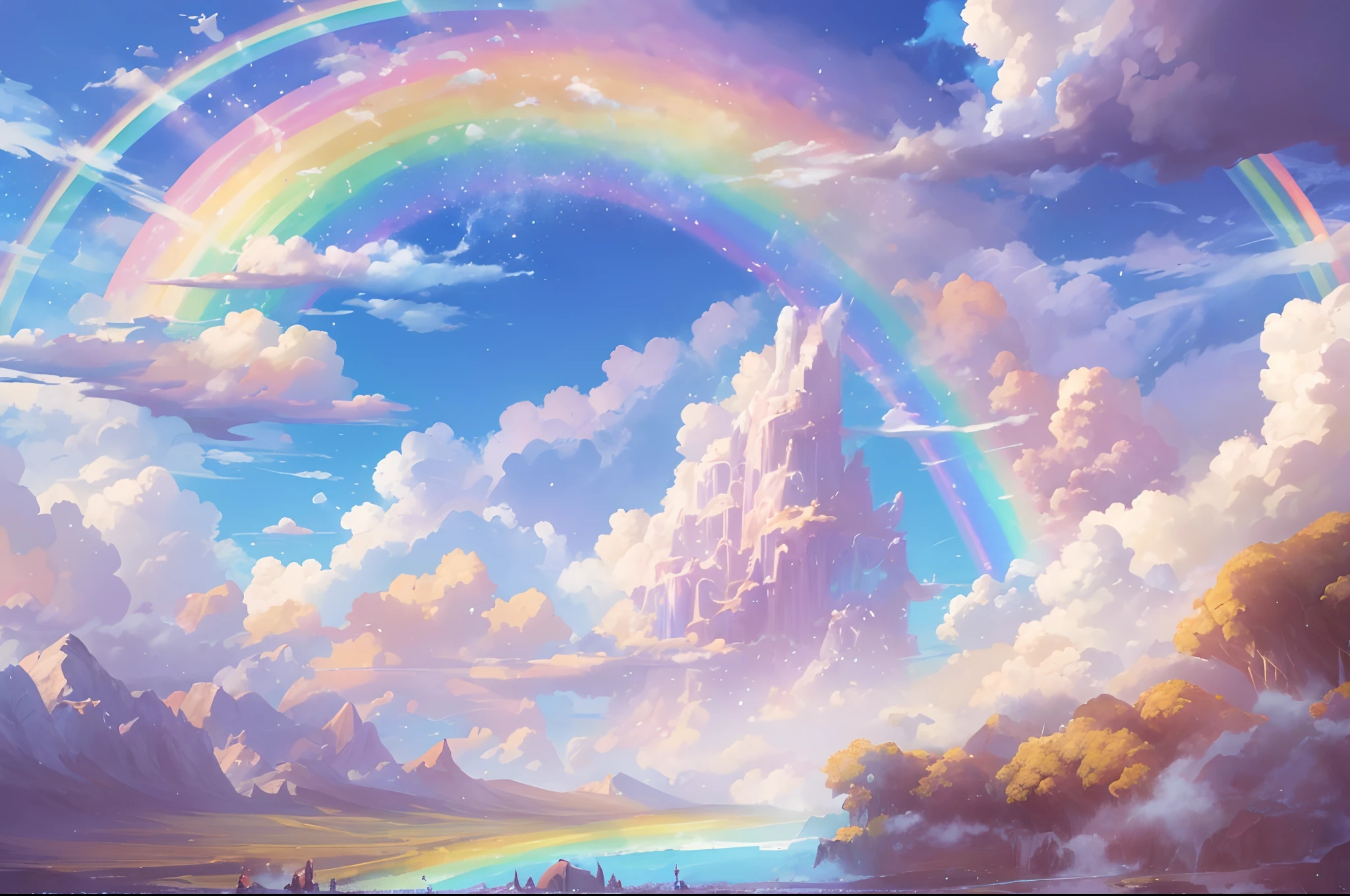 ((Need)), ((tmasterpiece)), (A detailed),rainbowing,Blue sky and white cloud background，Detail rainbow,Blue sky rainbow，ethereal rainbows，1 fairy，16k,UHD resolution，Simple composition，anatomy correct，Surreal dreams，Surrealist art fantasy style，Epic digital fantasy art style